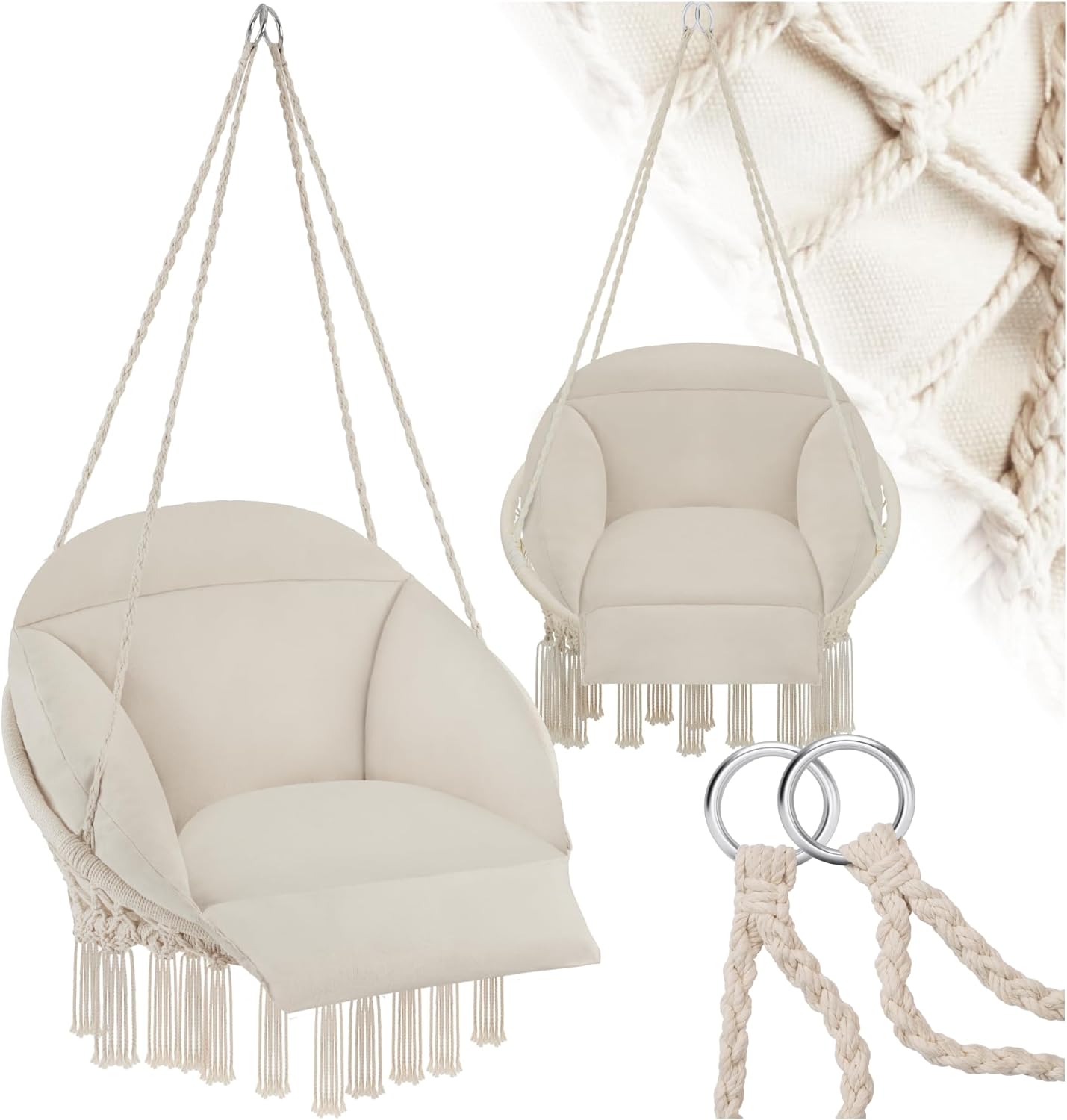 Hängesessel Samira mit Gestell & Kissen, Boho-Stil 80 cm, Beige
