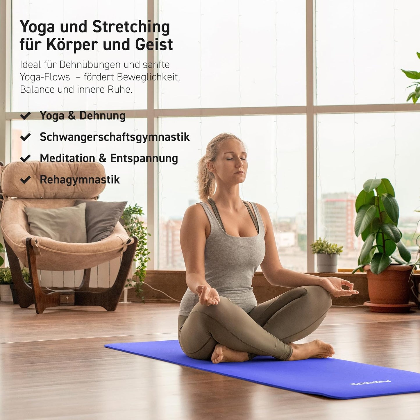 Gymnastikmatte mit Übungsposter und Workout App, Royalblau 190 x 100 x 1,5 cm