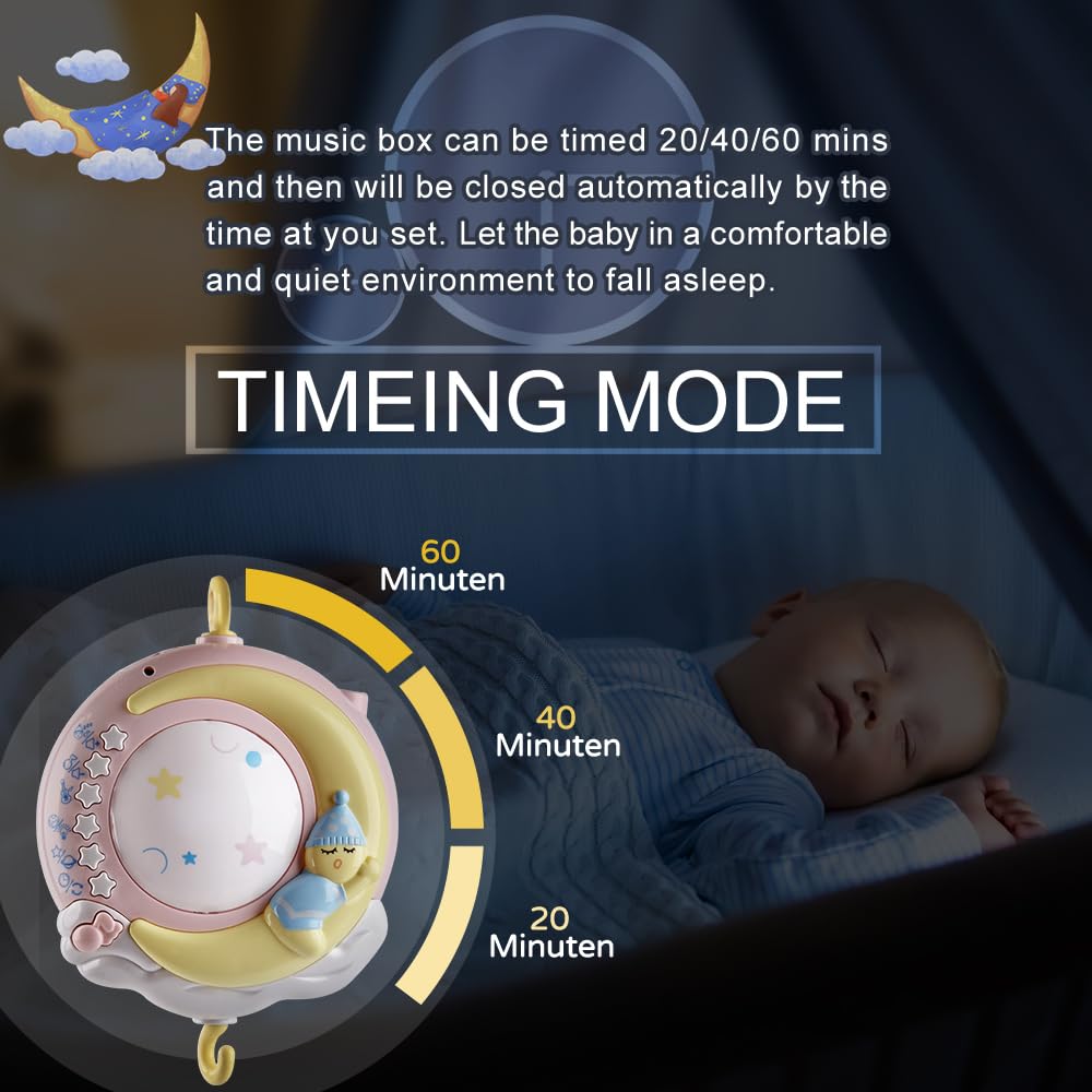 Babybett-Mobile mit 150 Melodien, Projektor, Fernbedienung, Rotationsfunktion und Timer, Rosa