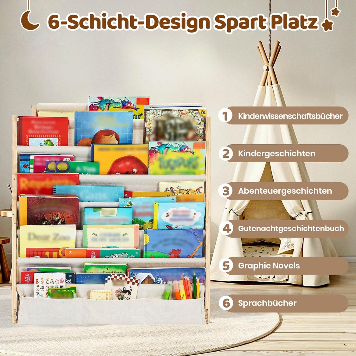 Kinderbücherregal mit Stofffächern, Naturholzfarbe X-Large