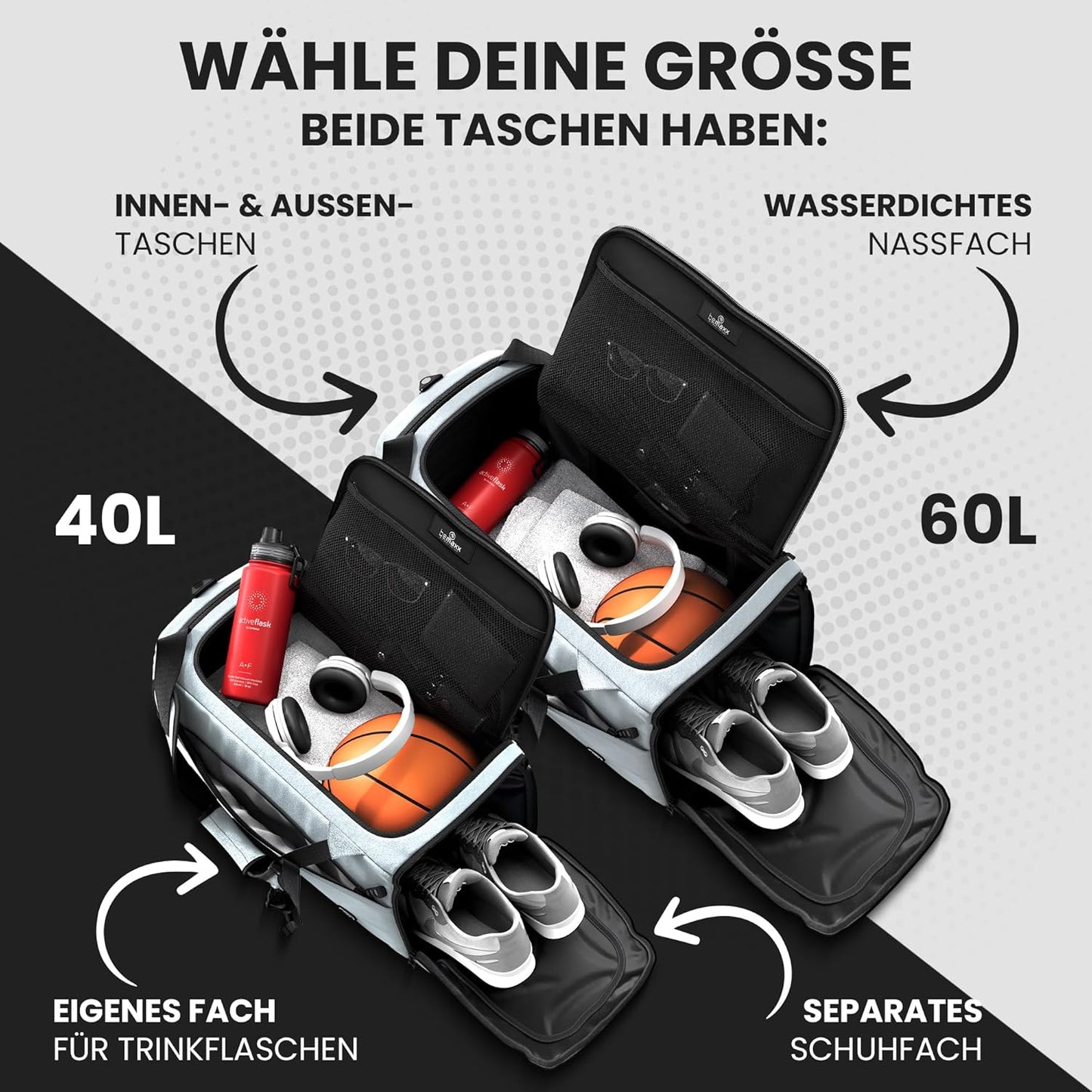 Sporttasche mit Rucksackfunktion und Nassfach, 60 L Sage