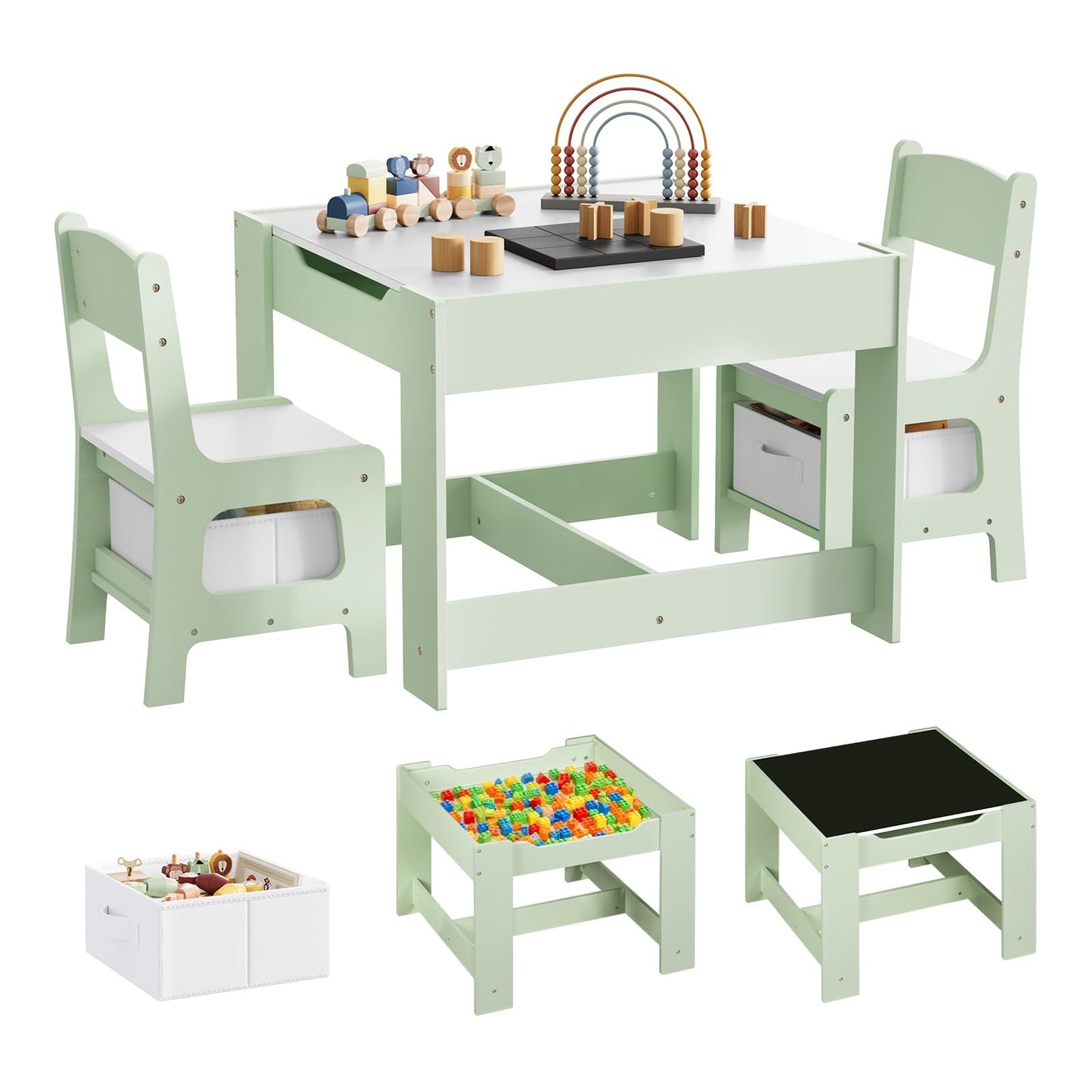 Kindertisch mit Stühlen und Stauraum, Grün + Weiss
