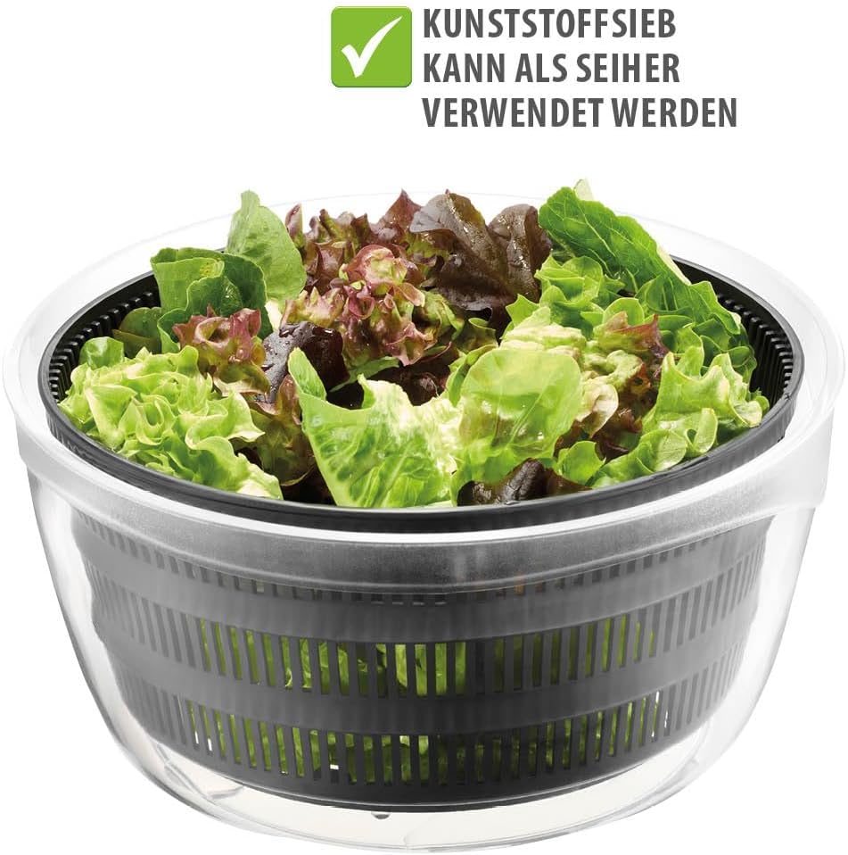 Salatschleuder mit Frischhaltedeckel 3L, 3l & Deckel Schwarz/Grau + Frischhaltedeckel