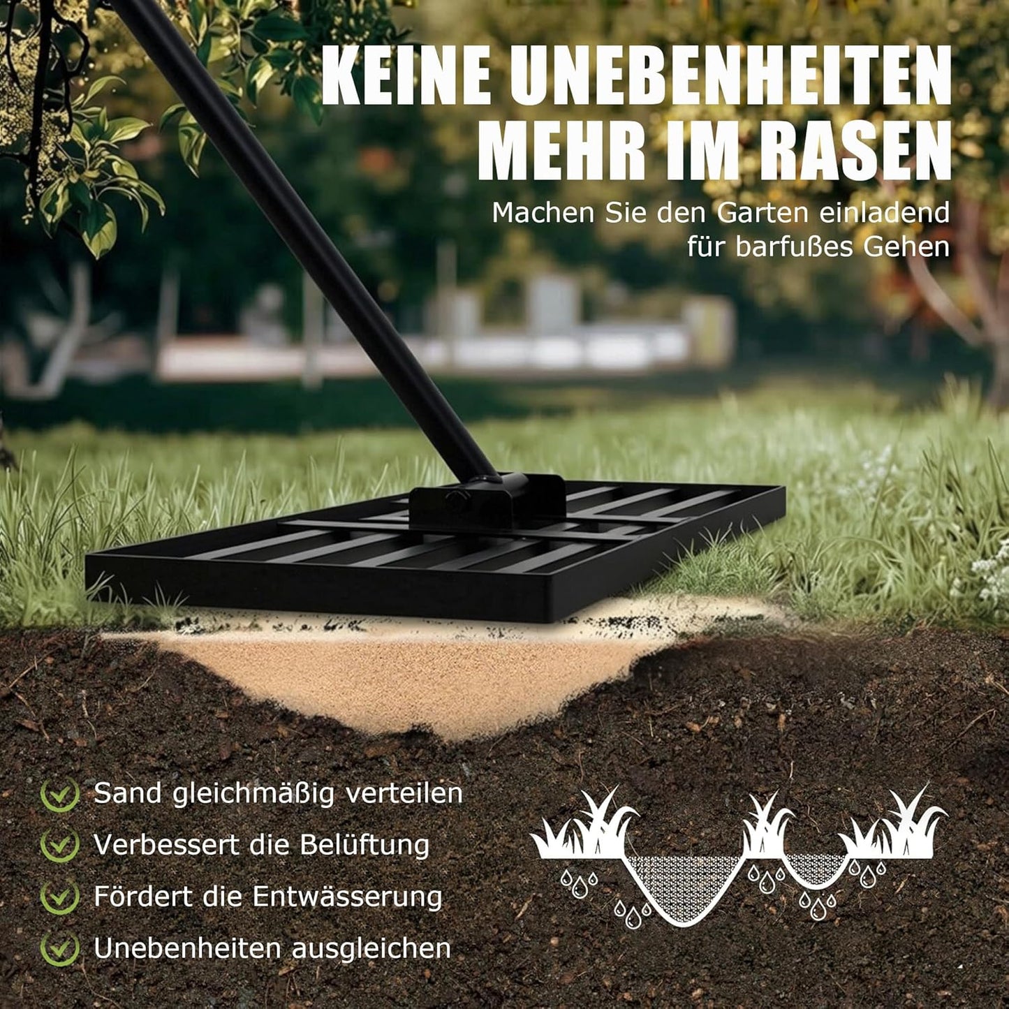 Rasenrakel Nivellierrechen für Gartenpflege, 158|42*25cm