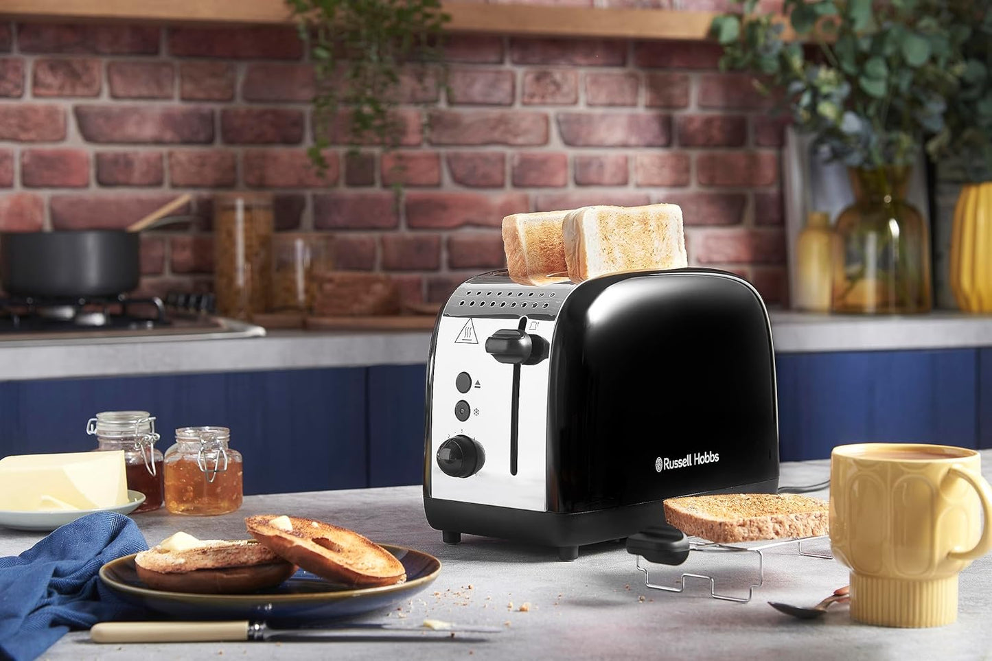 Colours Plus Toaster mit extra breiten Schlitzen, inkl. Brötchenaufsatz, Schwarz