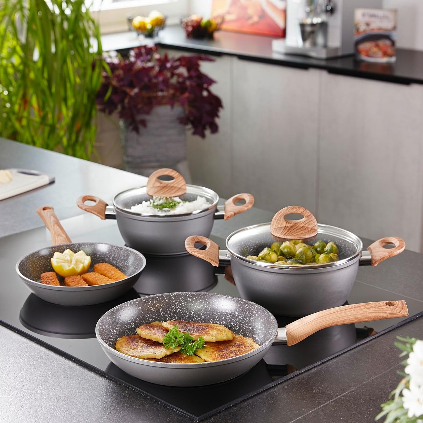14-teiliges Kochgeschirr-Set, Induktionstauglich, 14-teilig, Holzoptik