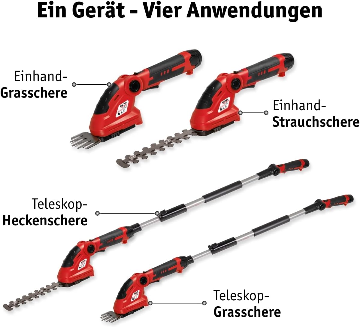 Akku-Heckenschere mit Teleskopstange, Gras und Heckenschere