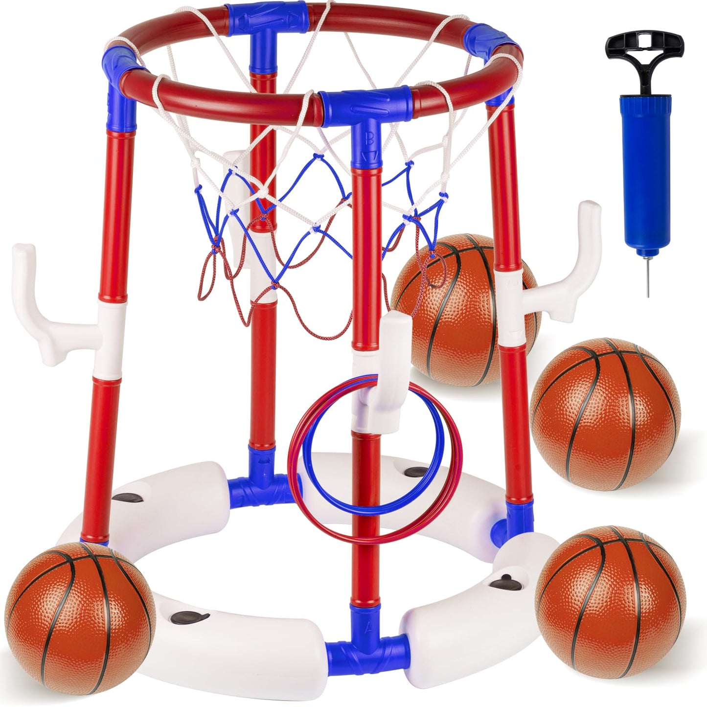 Pool-Basketballkorb mit 4 Bällen, 6 Ringen und Pumpe