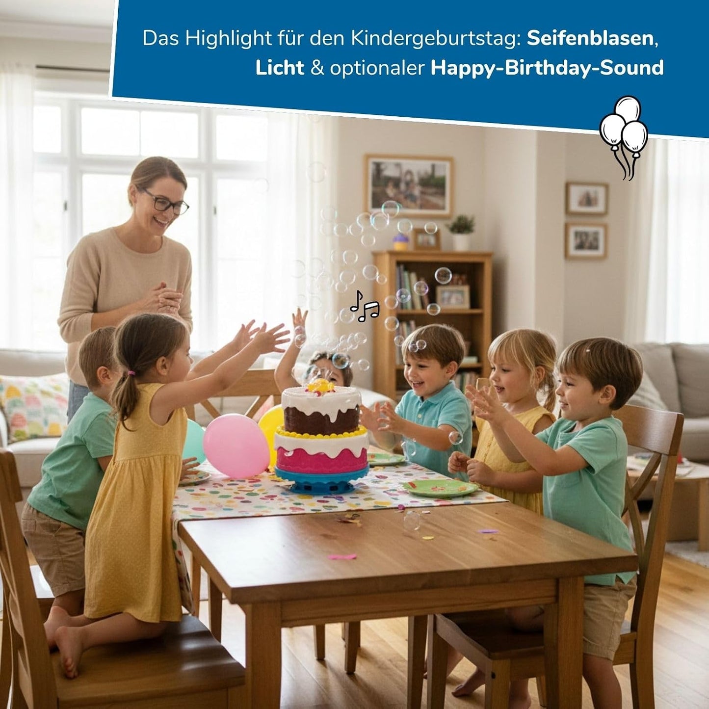 Seifenblasenmaschine mit Licht & Sound, Seifenblasenmaschine Torte