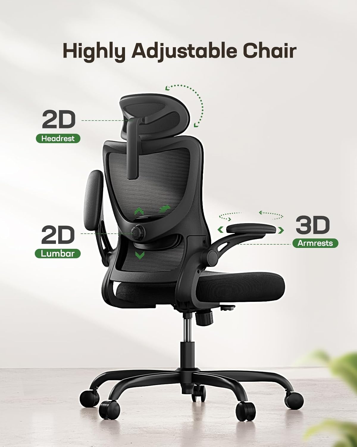 Ergonomischer Schreibtischstuhl mit 3D Armlehnen, Schwarz 58T x 60B x 132H cm