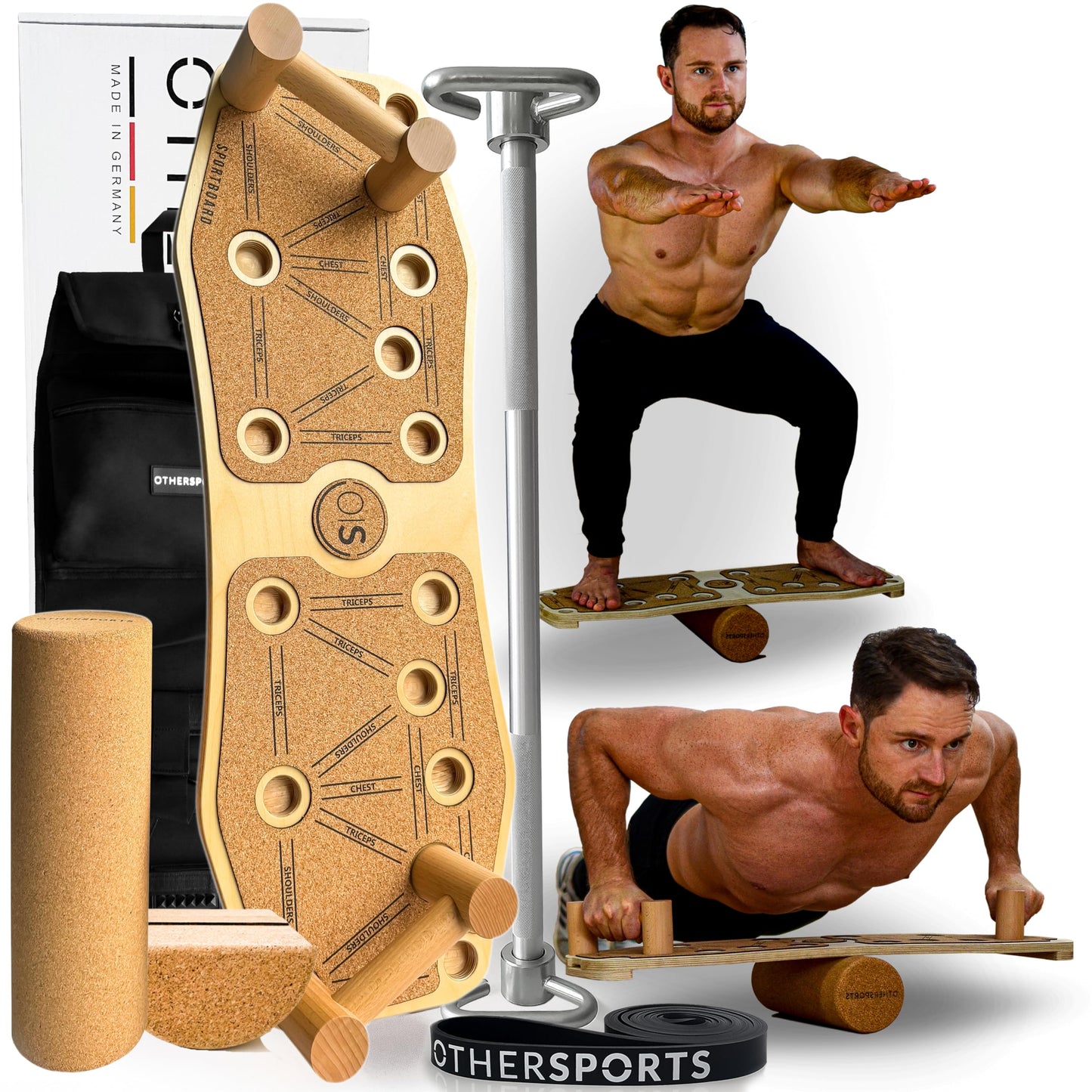 Gleichgewichtstrainer Sportboard 3 mit Zubehörset, Kork IV. Mit Halbrolle, Fitnessstange und Rucksack