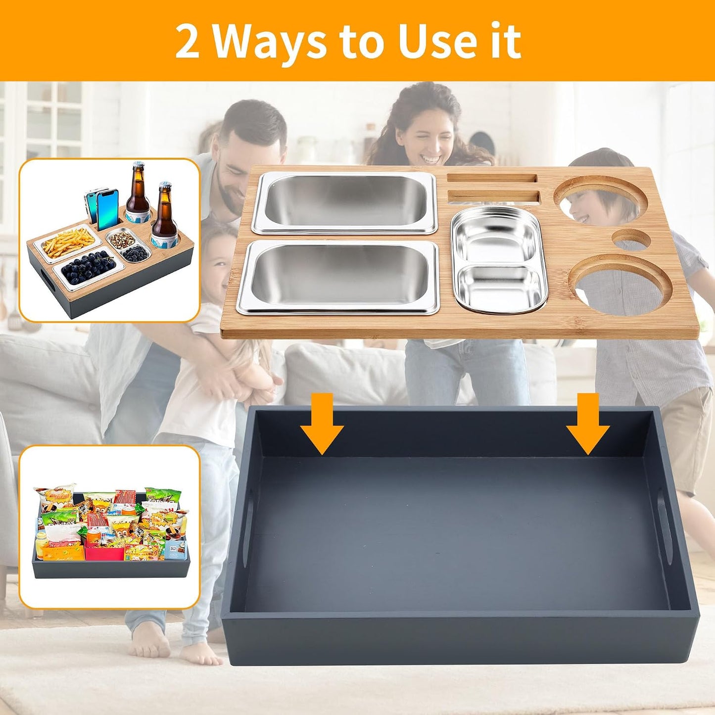 Snackbox mit Edelstahl-Schalen für Sofa & Picknick, Grau