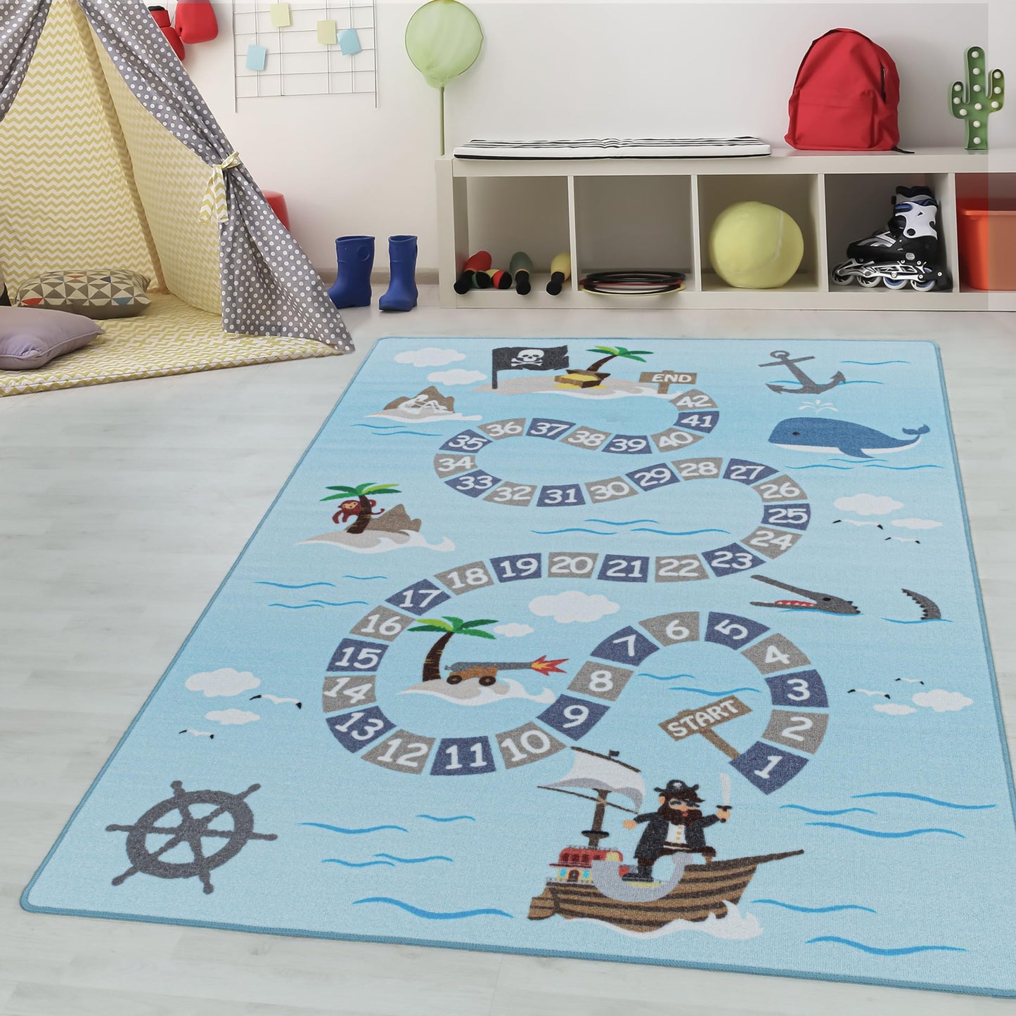 Kinderteppich Lernmatte mit Zahlen und Piratenmotiv, 100 x 150 cm (Rechteckig) Blau-2
