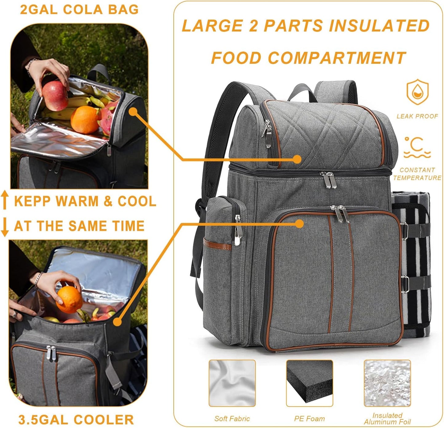 Picknick-Rucksack für 4 Personen mit Zubehör, Grau