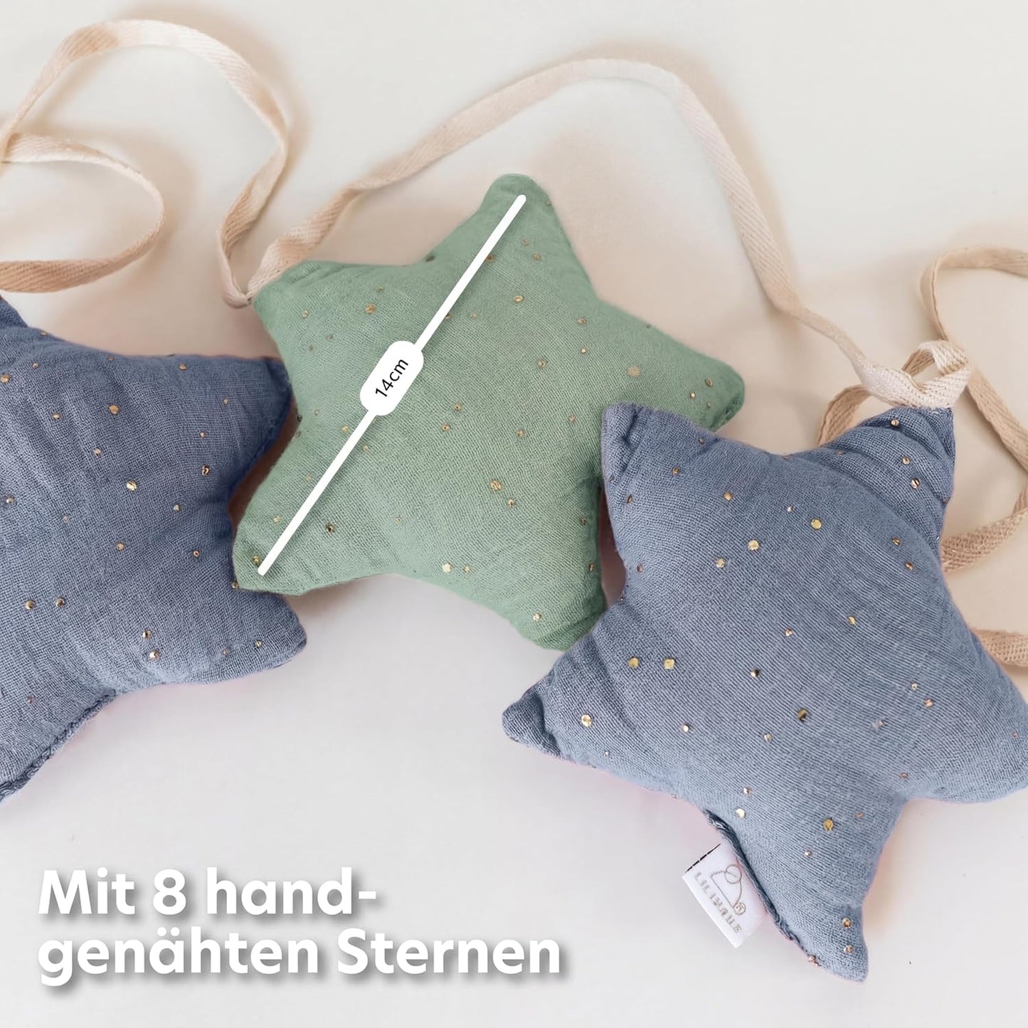 Sternenkette mit Goldapplikation, Blau & Eukalyptus Sterne mit Goldapplikation