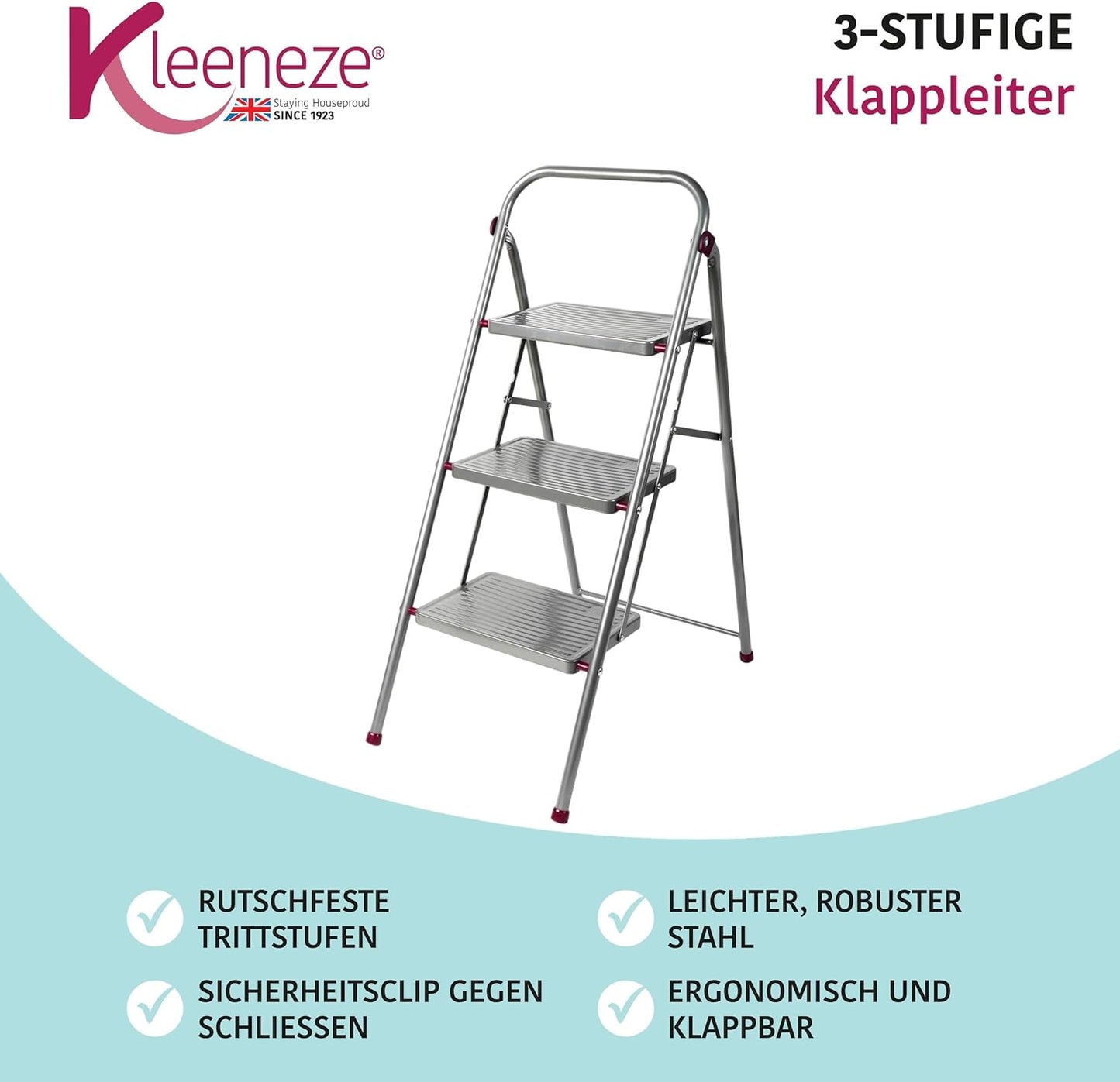 Zusammenklappbare Trittleiter, 3 Schritt Rosa/Grau