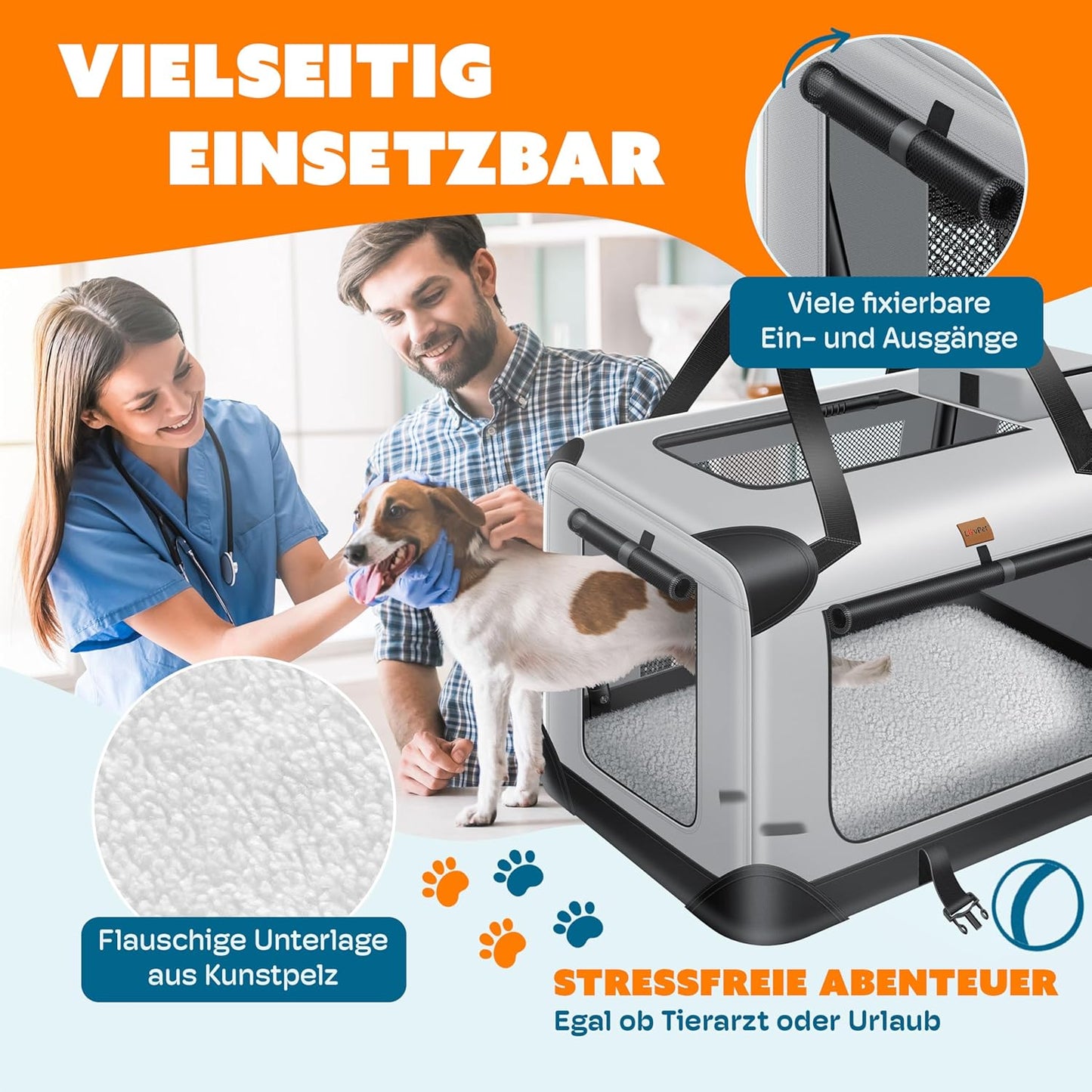 Transportbox für Haustiere inkl. Napf & Schultergurt, XL Hellgrau