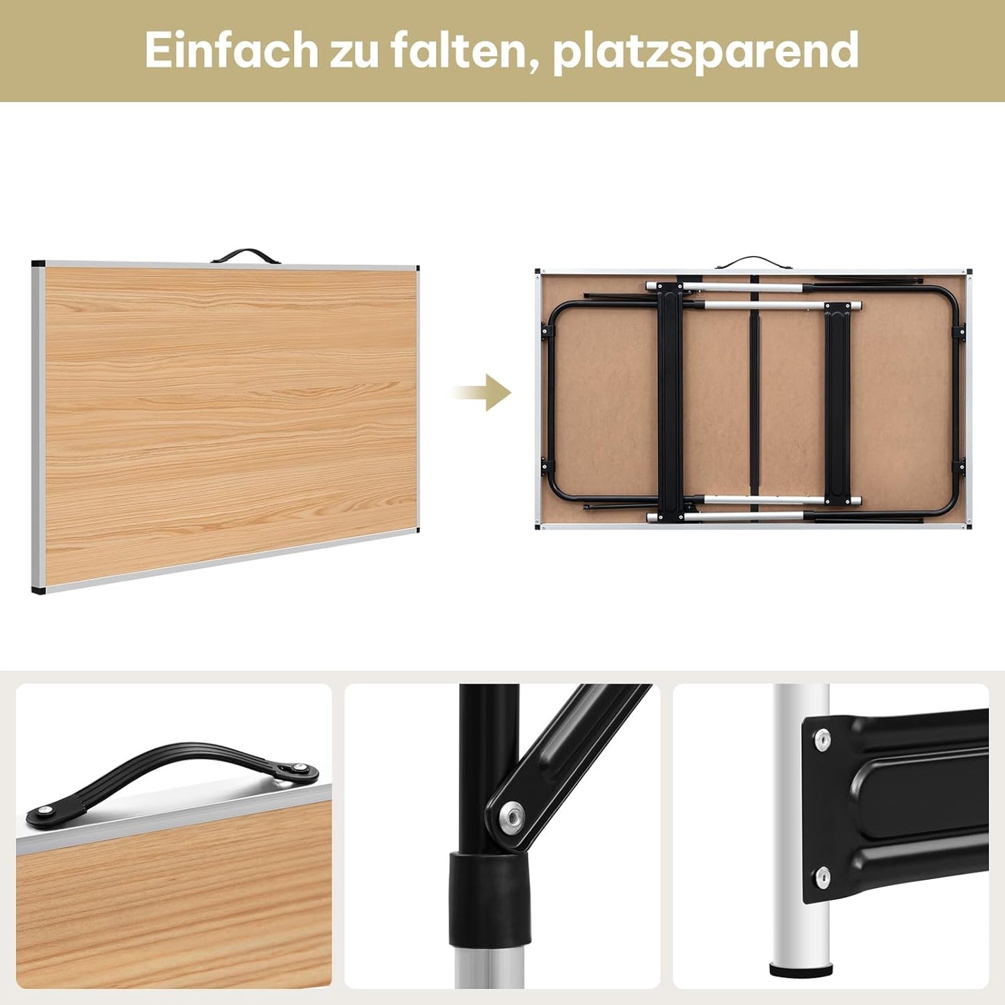 Höhenverstellbarer Alu-Campingtisch, 100x60 cm, 100 x 60 cm Eiche