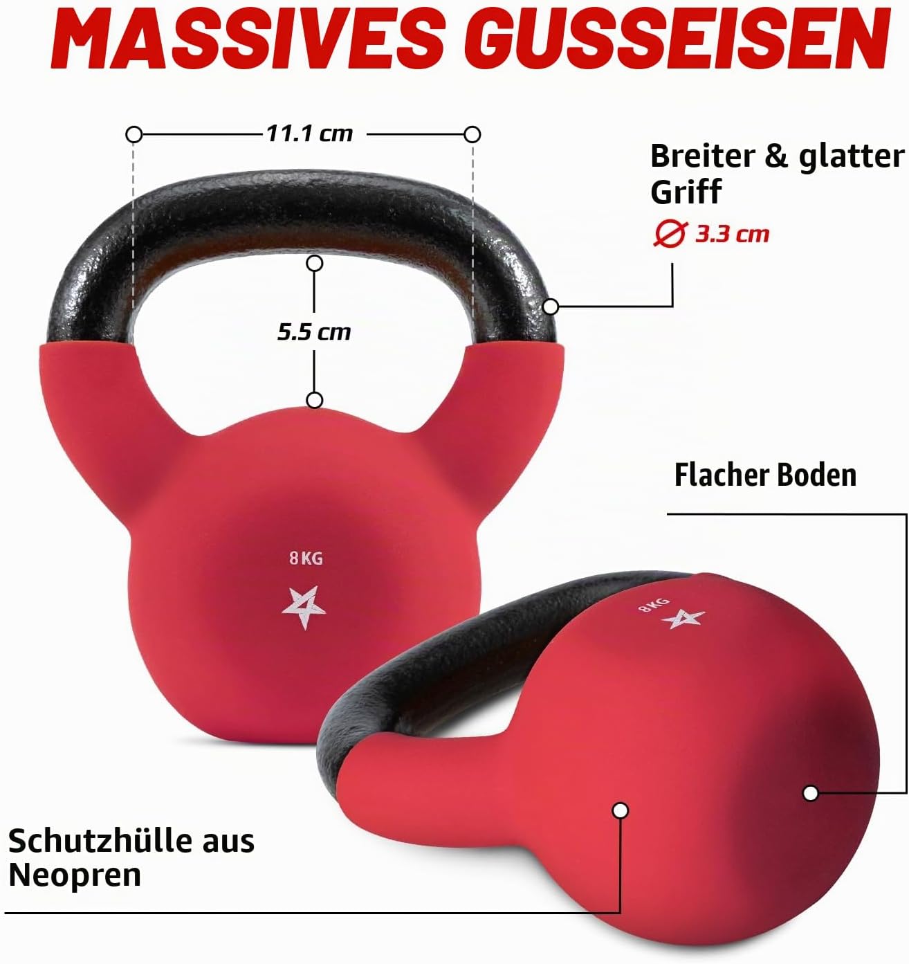 Gusseisen Kettlebell mit Neoprenüberzug, 8 kg - Rot