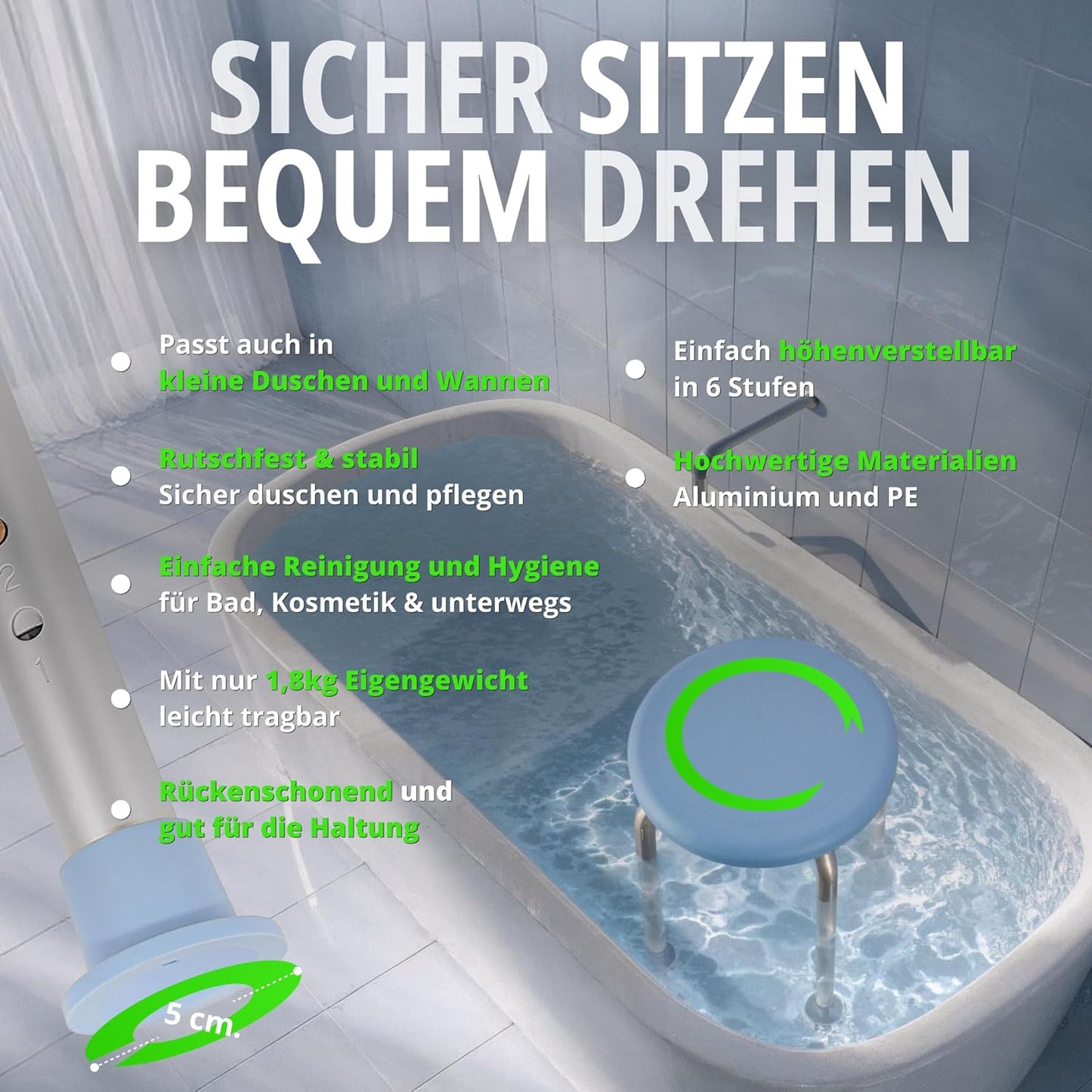 Drehbarer Duschhocker, höhenverstellbar