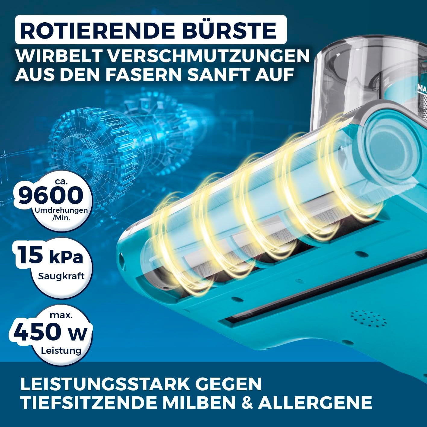 3-in-1 Milbensauger mit Heissluft & UV-C-Licht, Rotation Pro Power 15kPa Blau