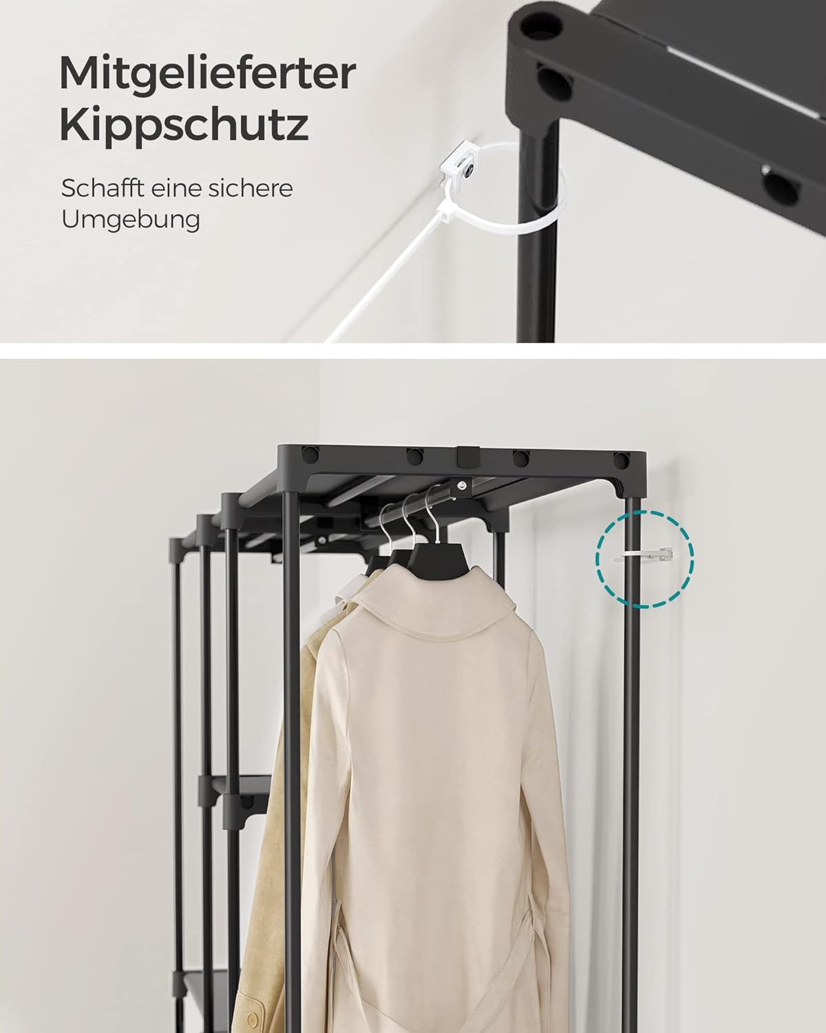 Kleiderschrank mit Stoffablagen, Tintenschwarz