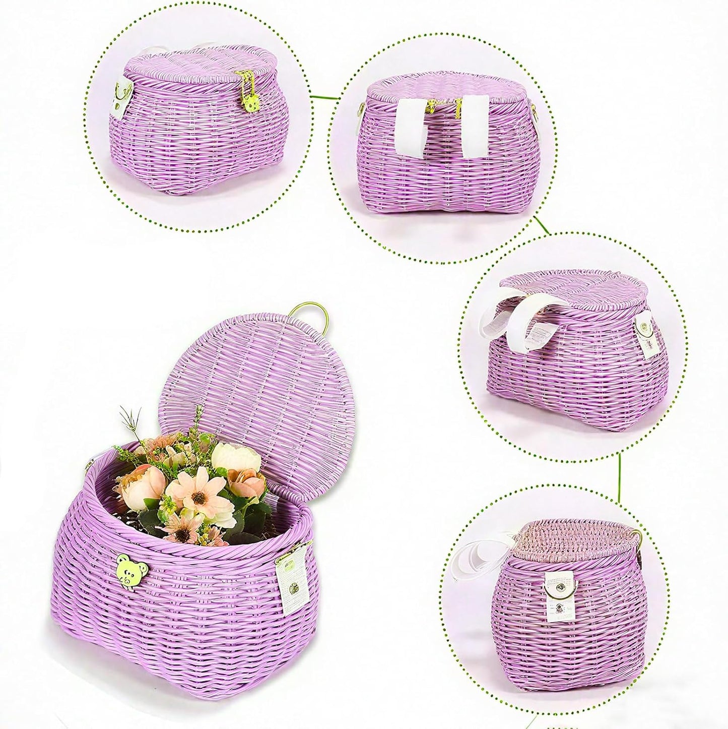 Abnehmbarer Kinderfahrradkorb, Rattan-Design, Violett