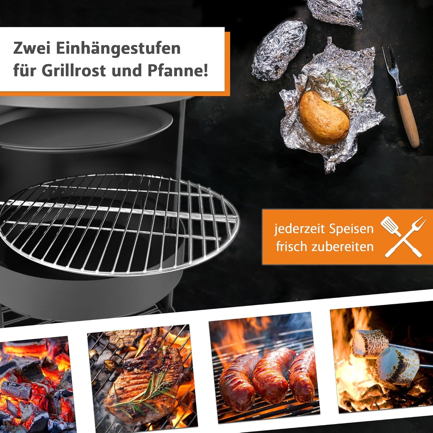 Gartenkamin mit Grillrost und Funkenschutztür