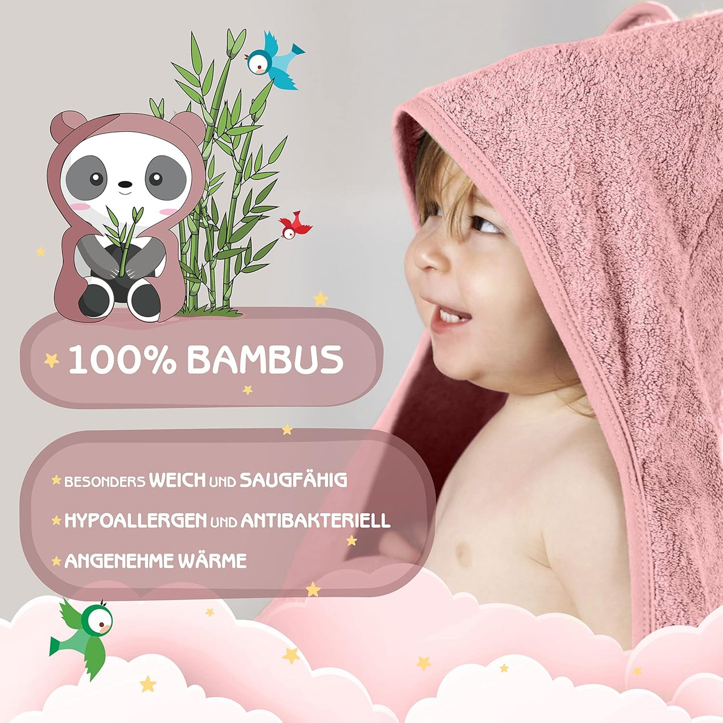 Baby Kapuzenhandtuch mit Ohren, 75x75cm, Pfingstrose
