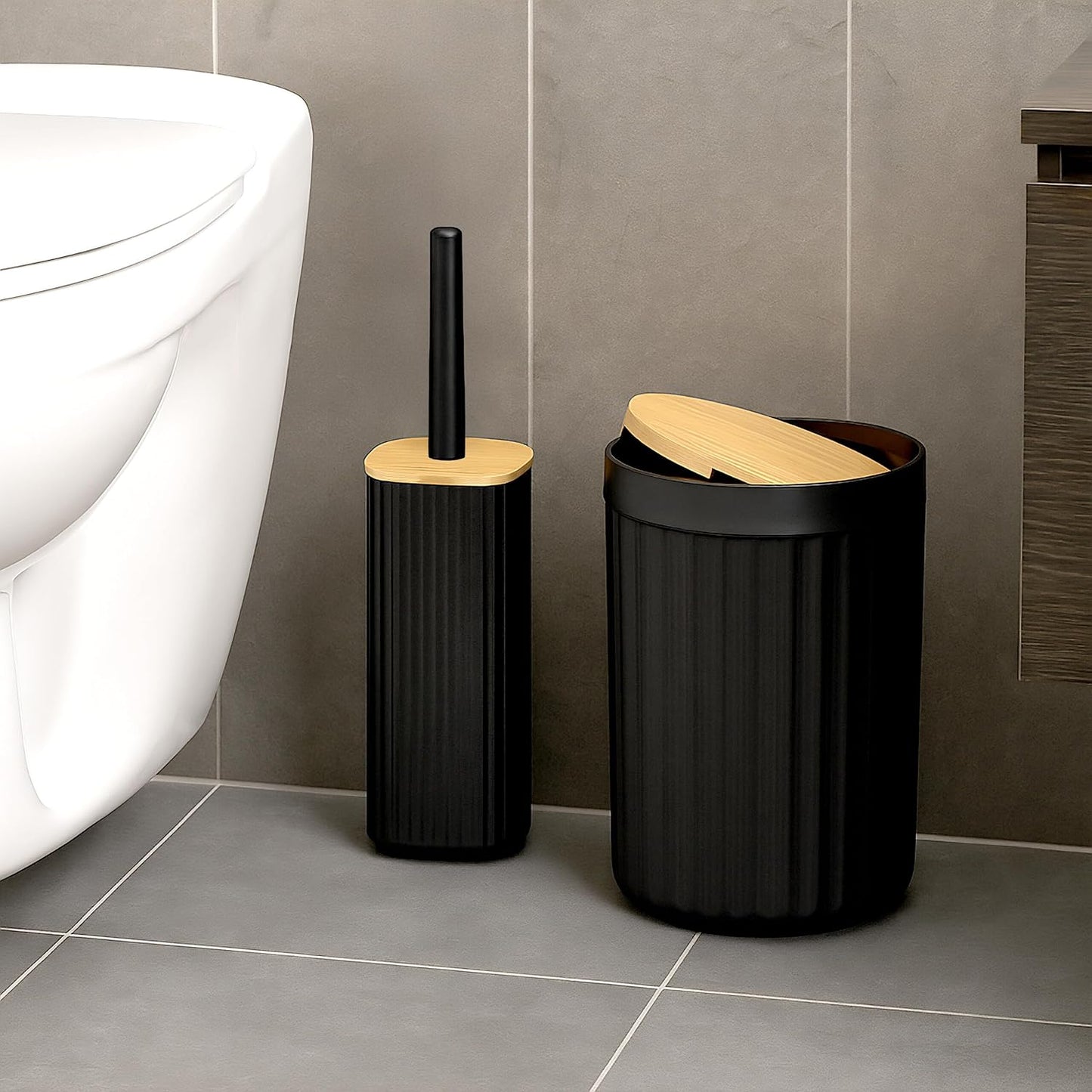 6-teiliges Badezimmer-Zubehörset, Schwarz/Natur