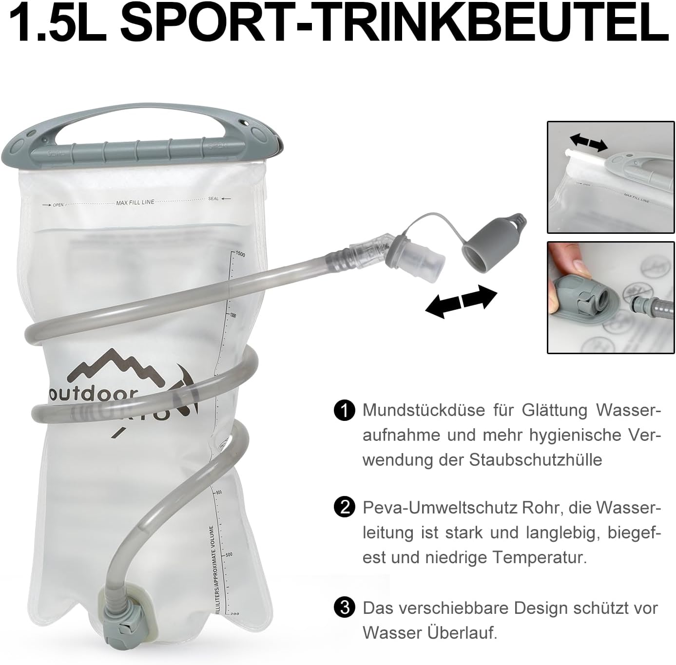 Trinkrucksack mit 1.5l Wasserblase, Hellgrau dunkelblau Standard