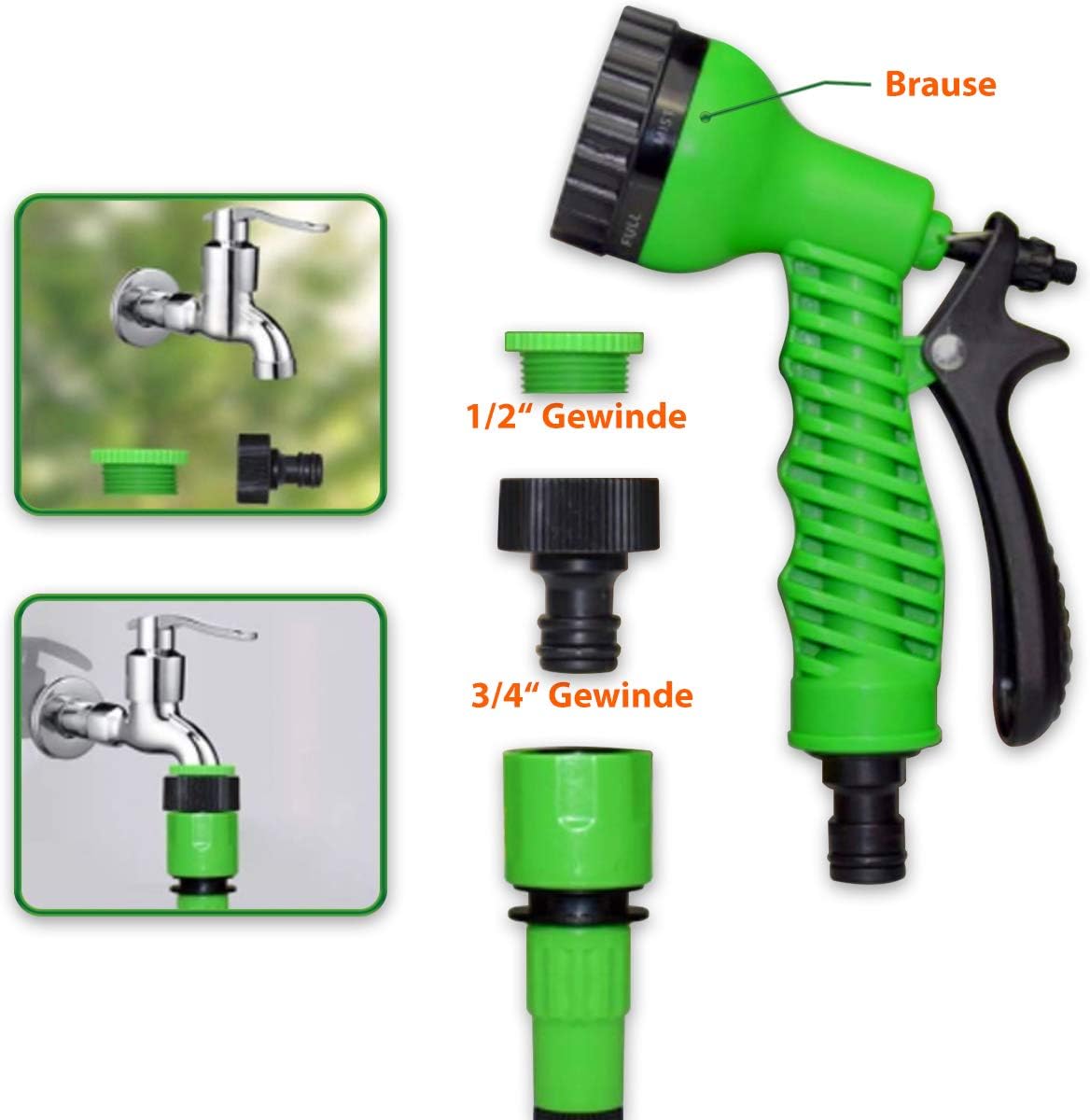 Flexibler Gartenschlauch, dehnbar bis 7,5m, 7.5m - 25ft, Grün