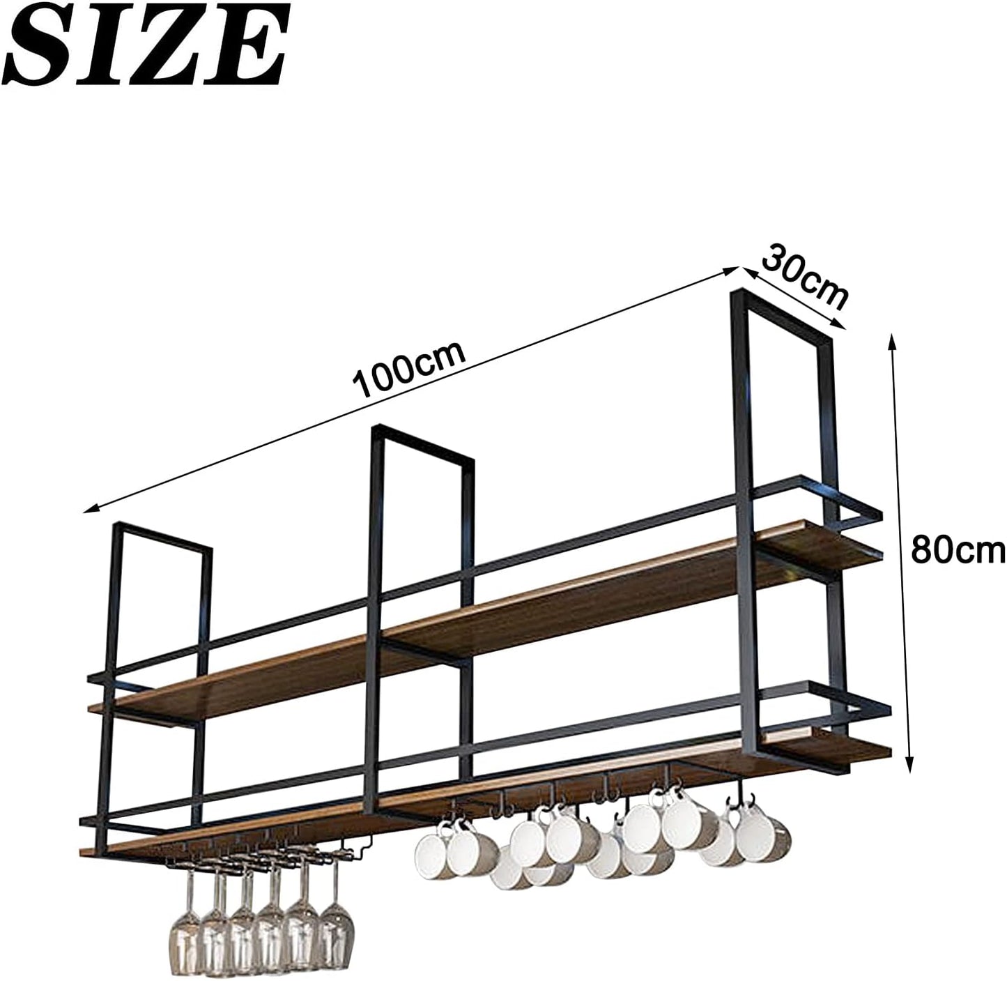 Deckenhängeregal mit Glas- und Tassenhalter im Industrie-Design, 100×30×80cm Schwarz