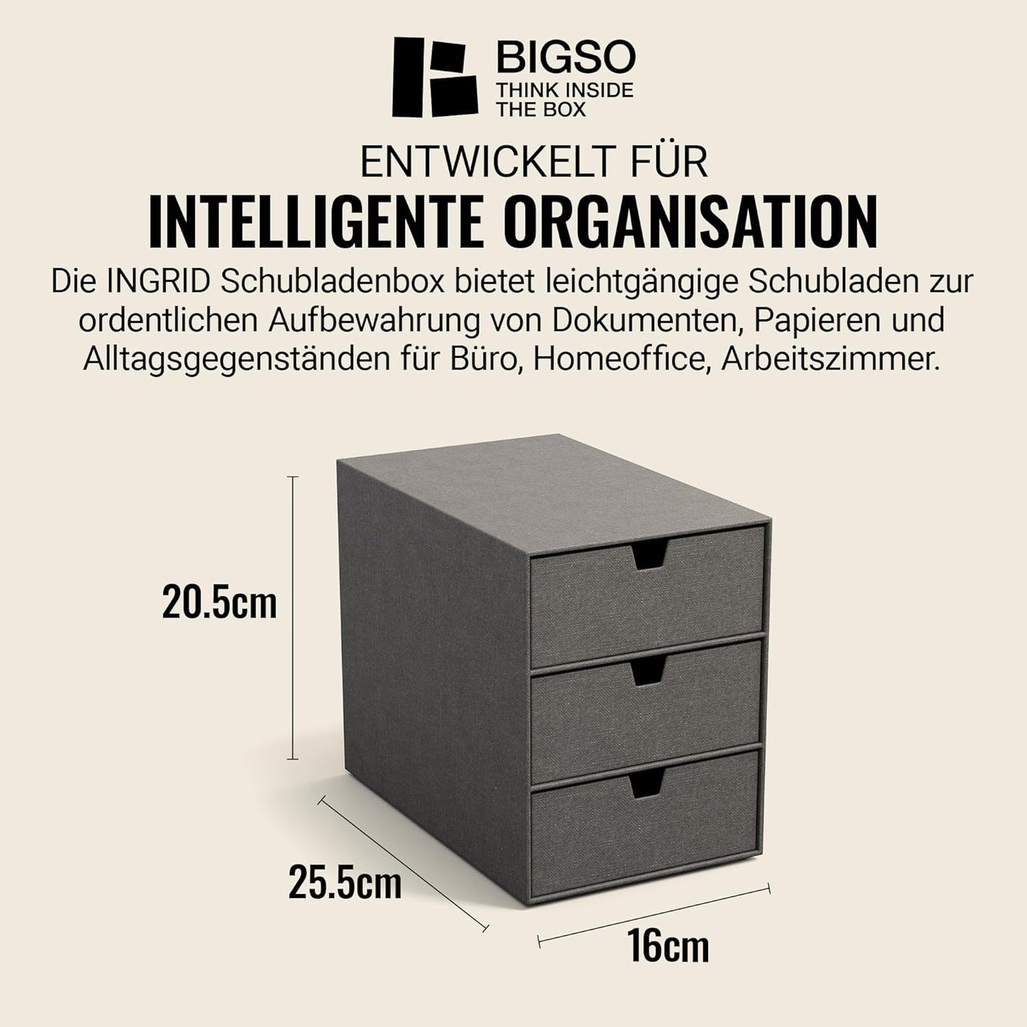 Ingrid Schubladenbox mit 3 Fächern, Dunkelgrau Leinenoptik