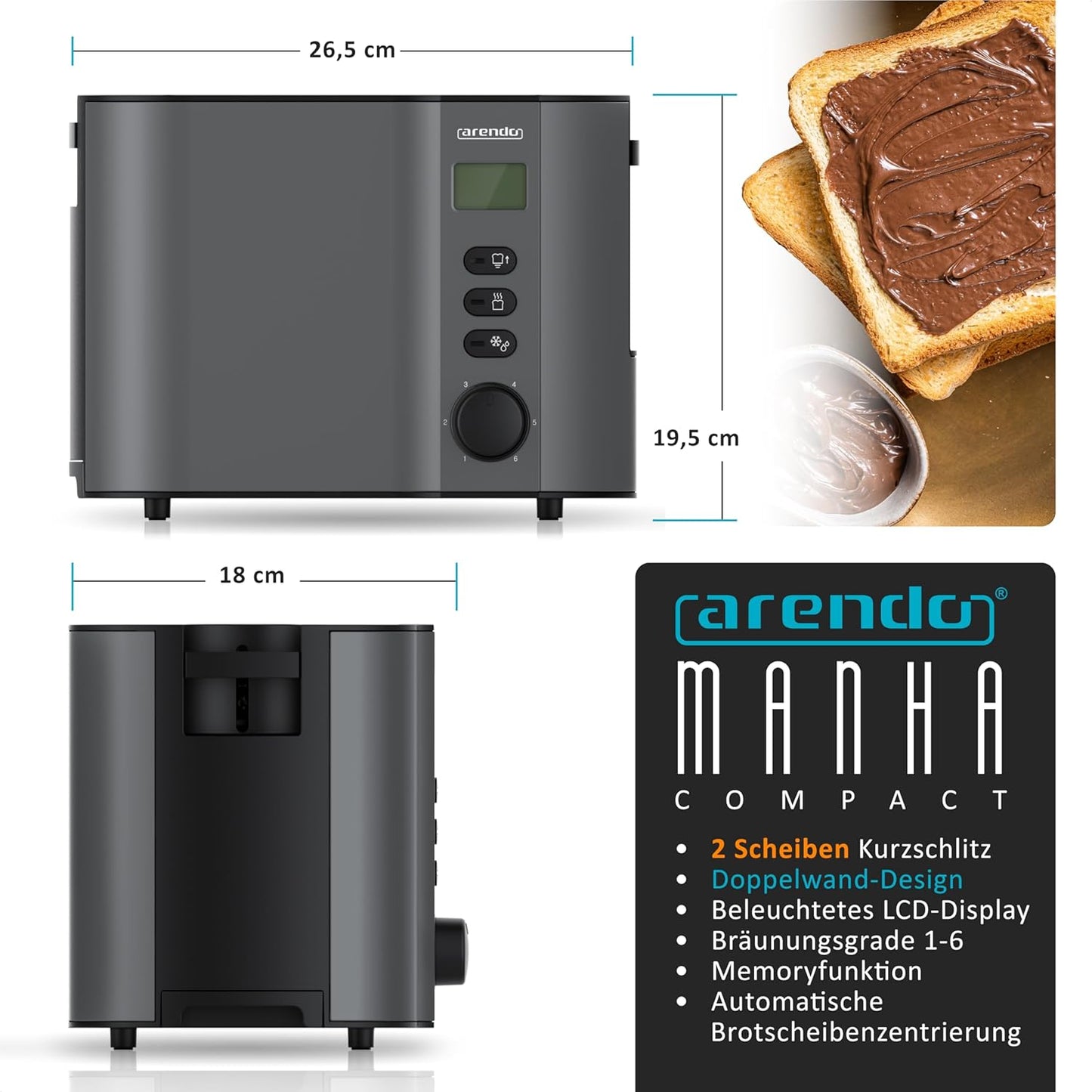 Toaster Manha Compact mit Restzeitanzeige und 6 Bräunungsgraden, B: Cool Grey