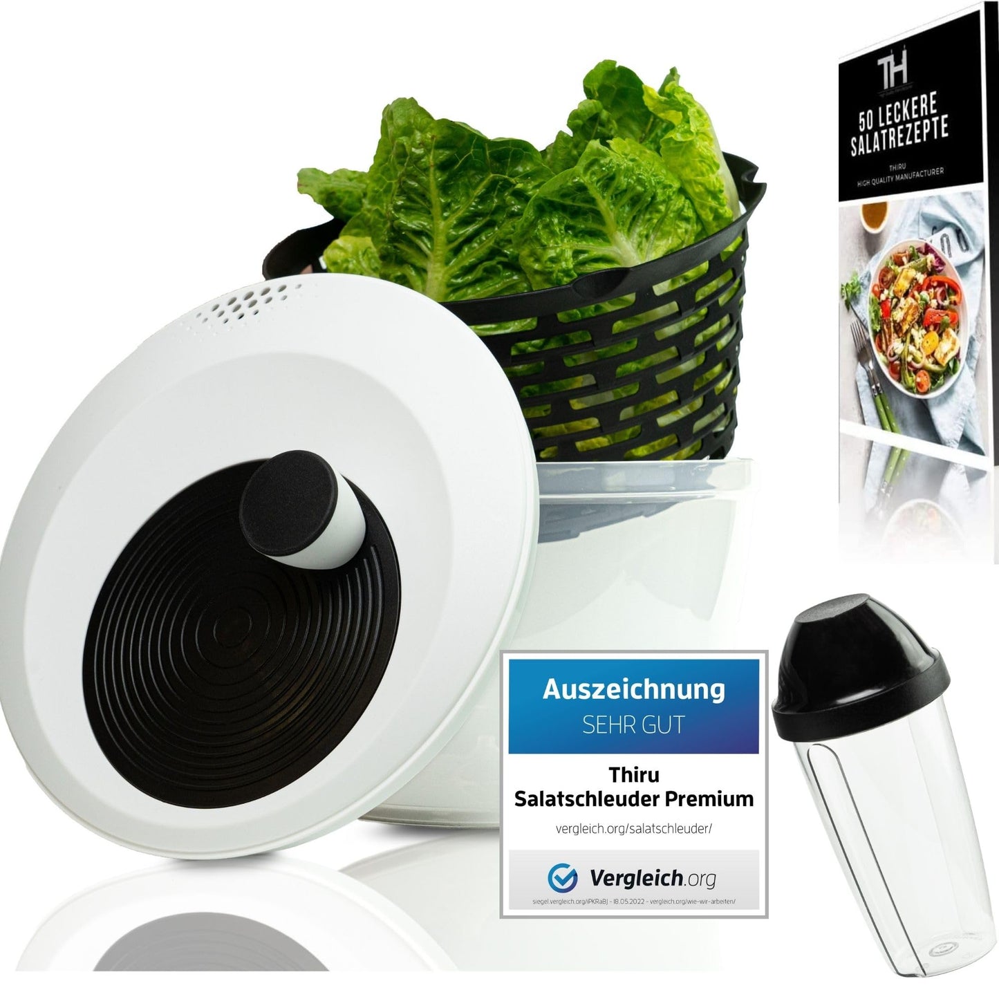 Salatschleuder mit Dressing Shaker, Salatschleuder Schwarz 5L mit Dressing Shaker