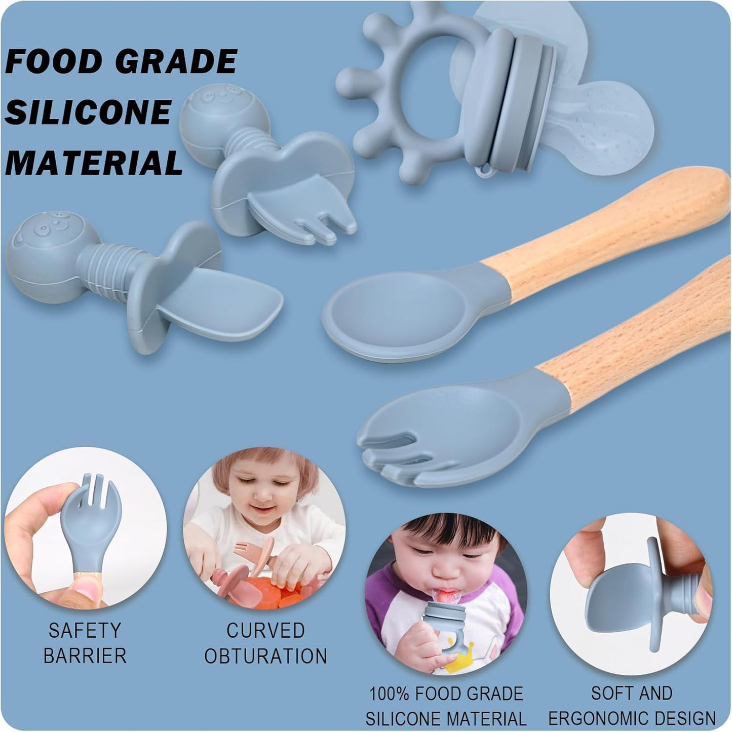 Silikon Baby Geschirrset mit Saugnapf (10-teilig), Blau