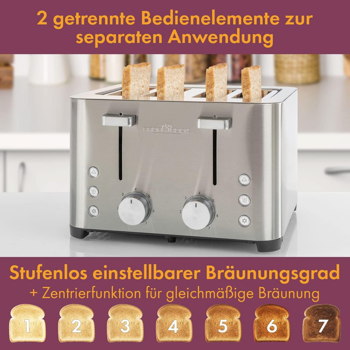 PC-TA 1252 inox - Toaster für 4 Scheiben mit Brötchenaufsatz, PC-TA 1252 inox