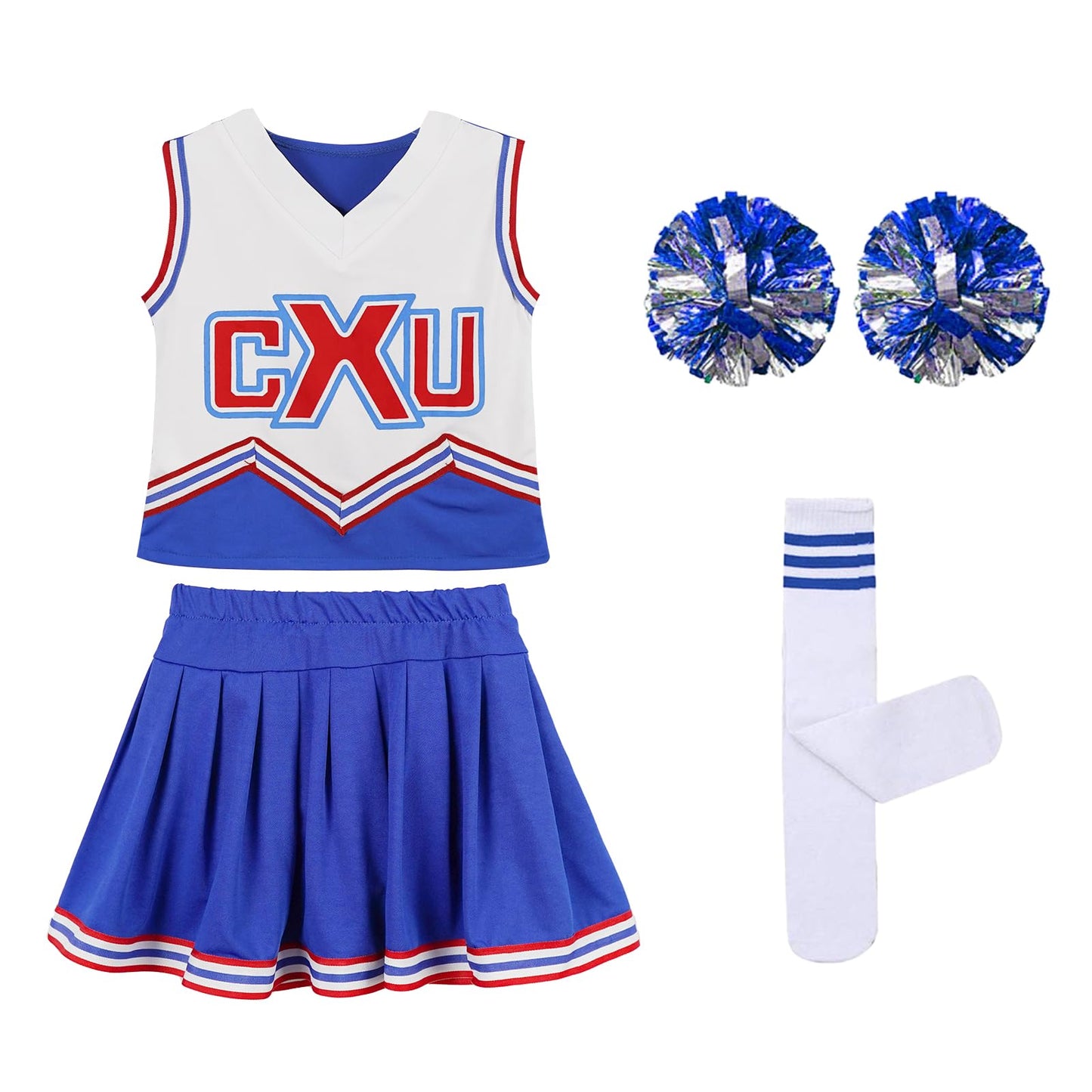 Cheerleader Kostüm mit Pom Poms und Socken, Blau 6-7 Jahre