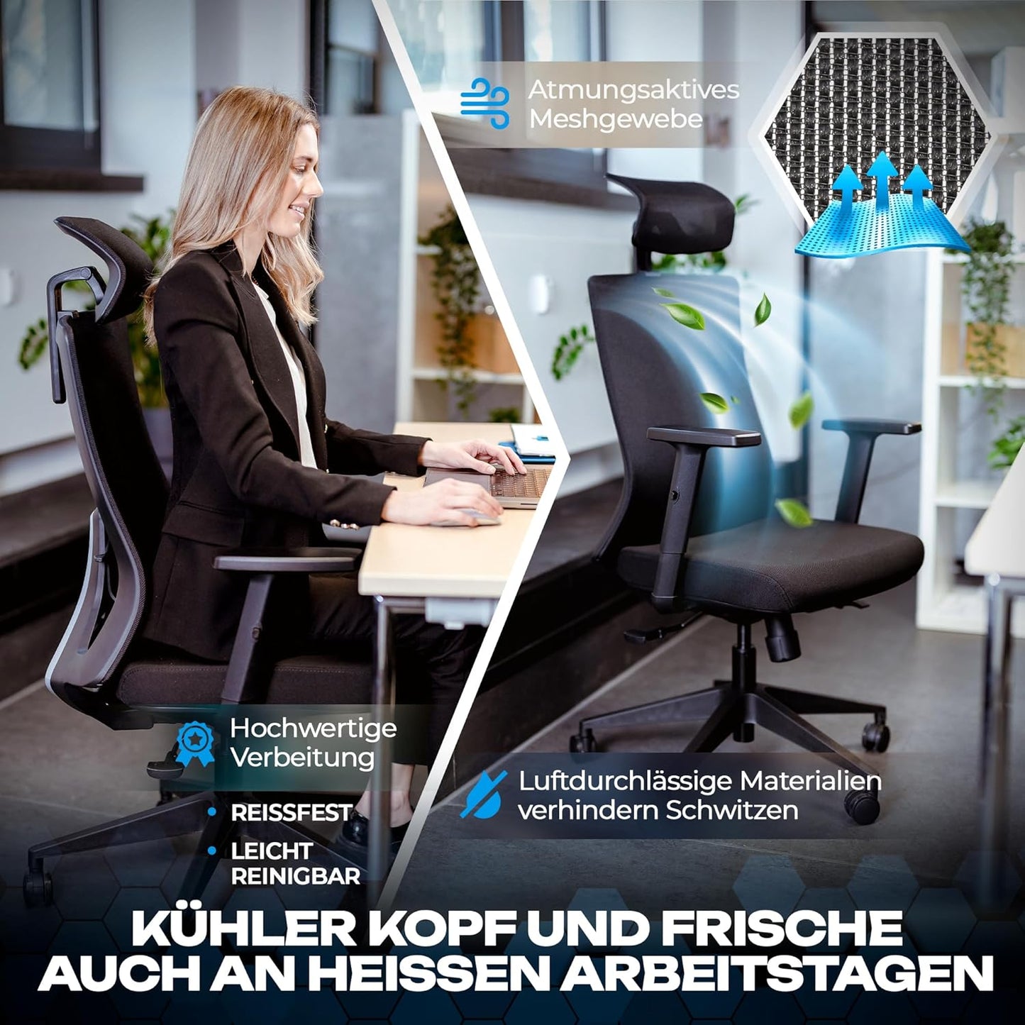 Ergonomischer Bürostuhl mit Kopfstütze und Armlehnen, M3 Komfort (Schwarz)