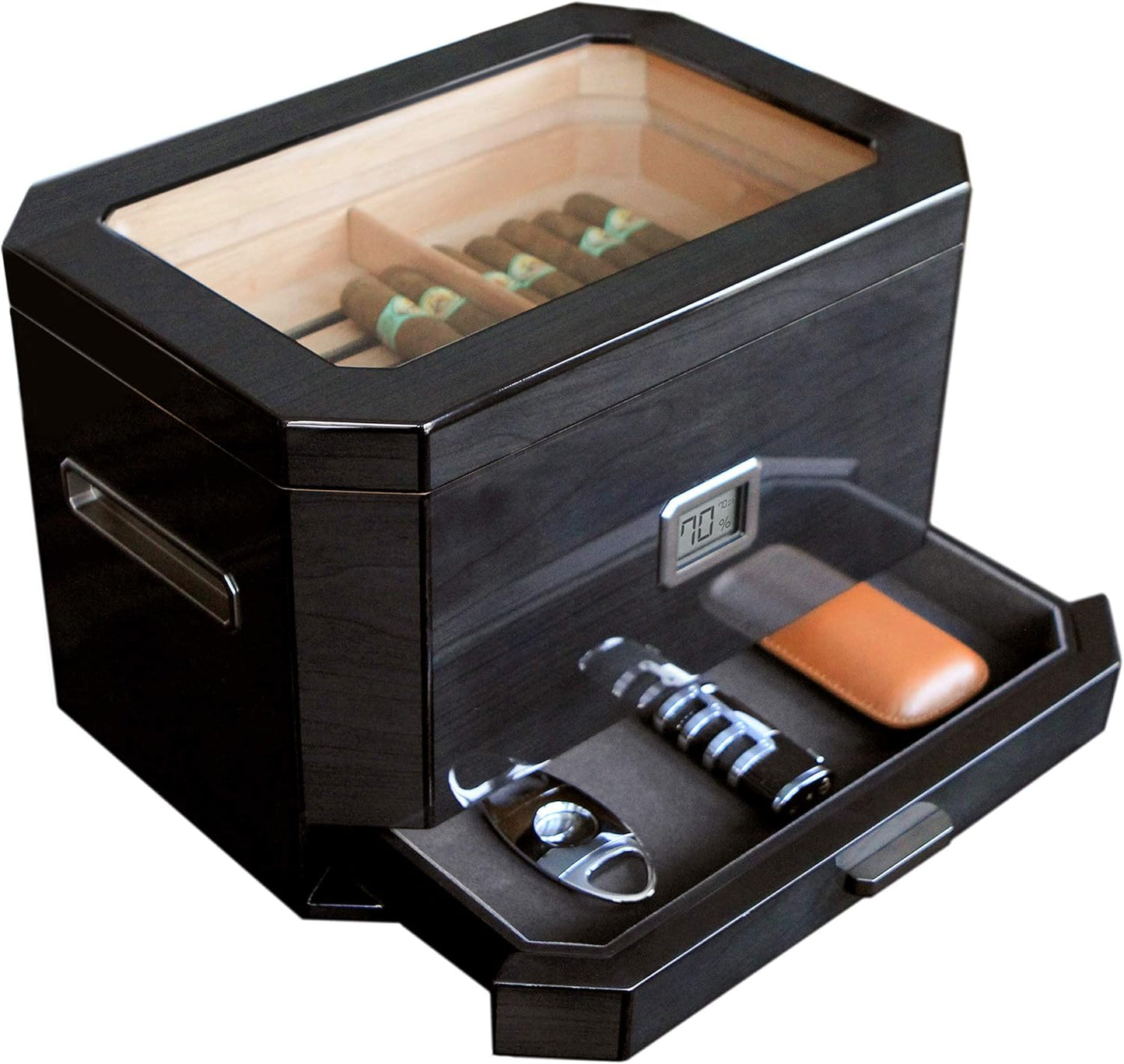 Humidor mit digitalem Hygrometer und Zubehörschublade, Schwarz