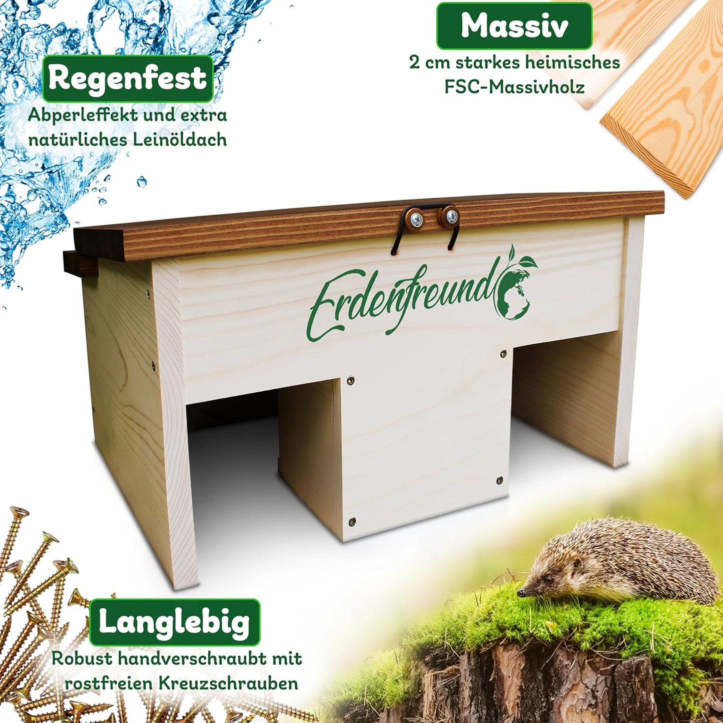 Igelfutterhaus mit Sicherheitsverschluss & Näpfen, Igelfutterhaus inkl. 2er Set Wasser-& Futternapf