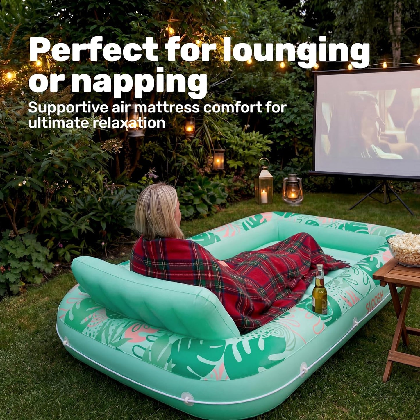 Aufblasbarer 4-in-1 Sonnenliegepool mit Kissen und Getränkehalter, Aquablau Tropisch XL