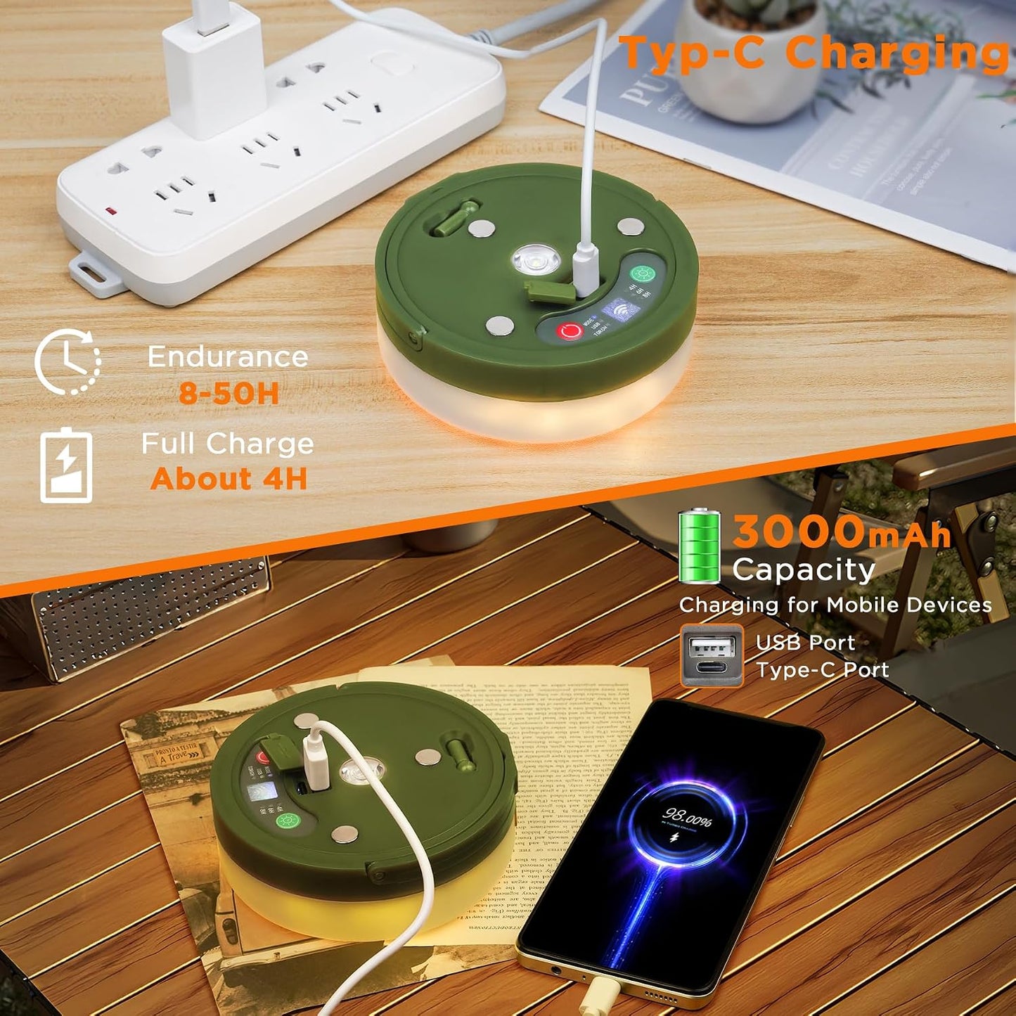 Camping Lichterkette Aufrollbar mit 9 Modi, USB-Ladung, Usb Laden Warmweiss
