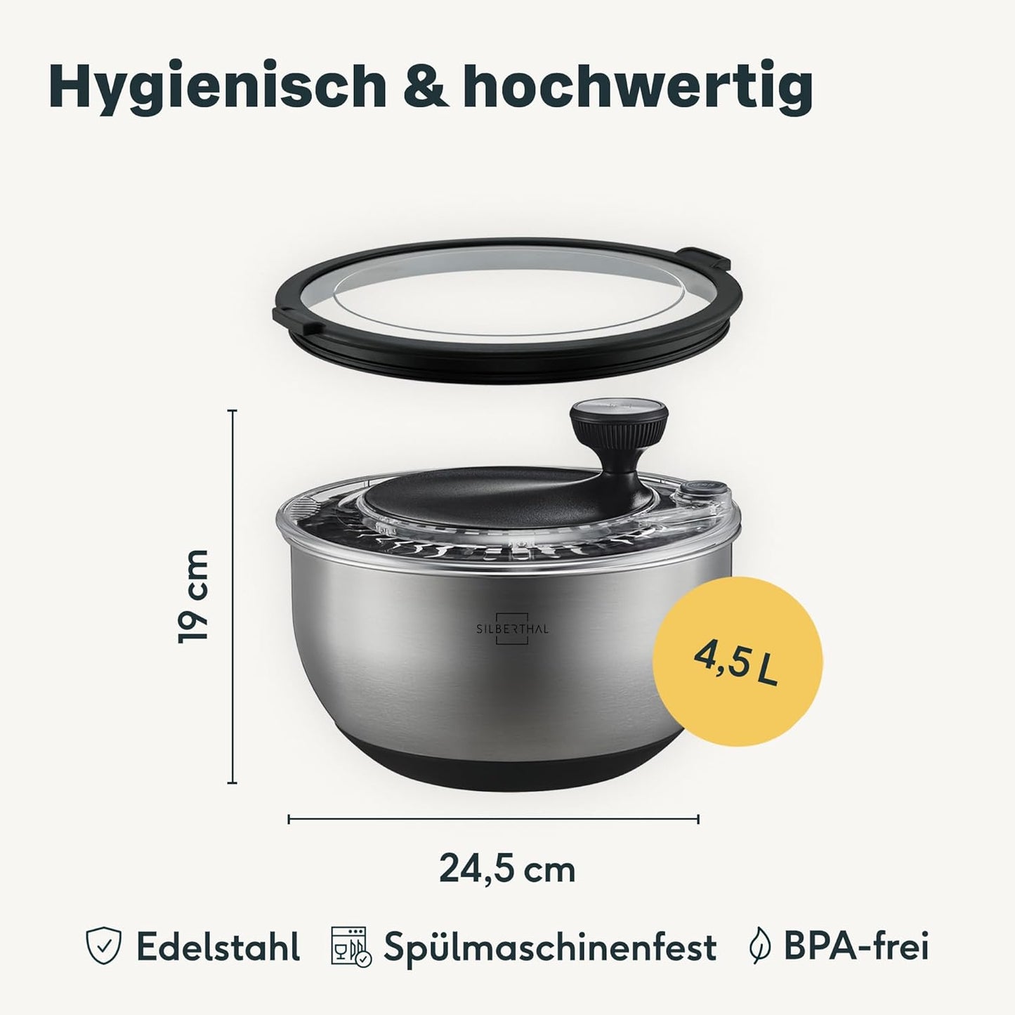 Salatschleuder mit Deckel und Kurbelantrieb, Salatschleuder 4,5l mit Deckel Set