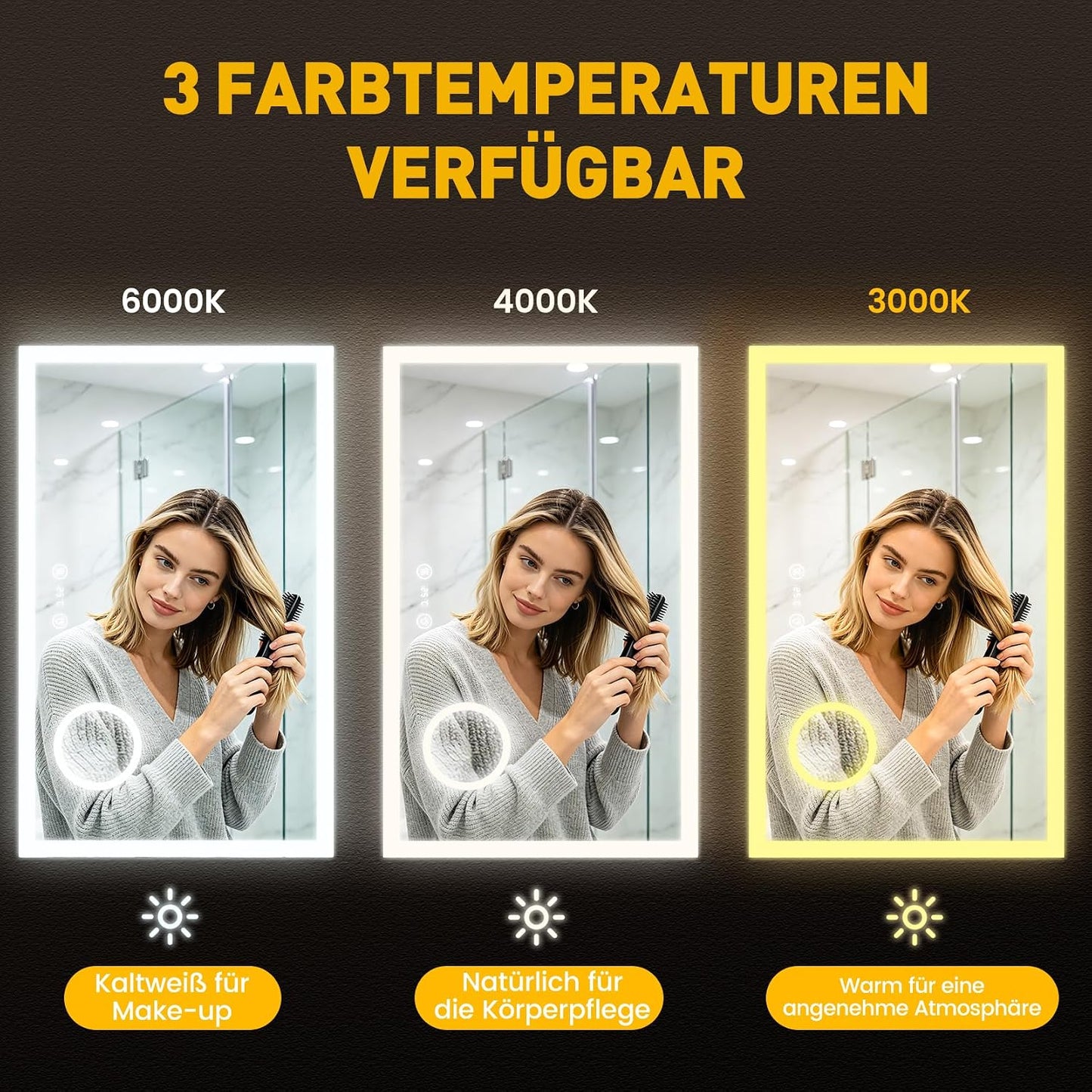 LED-Badspiegel mit Uhr und Schminkspiegel, 60L x 100B cm mit Uhr