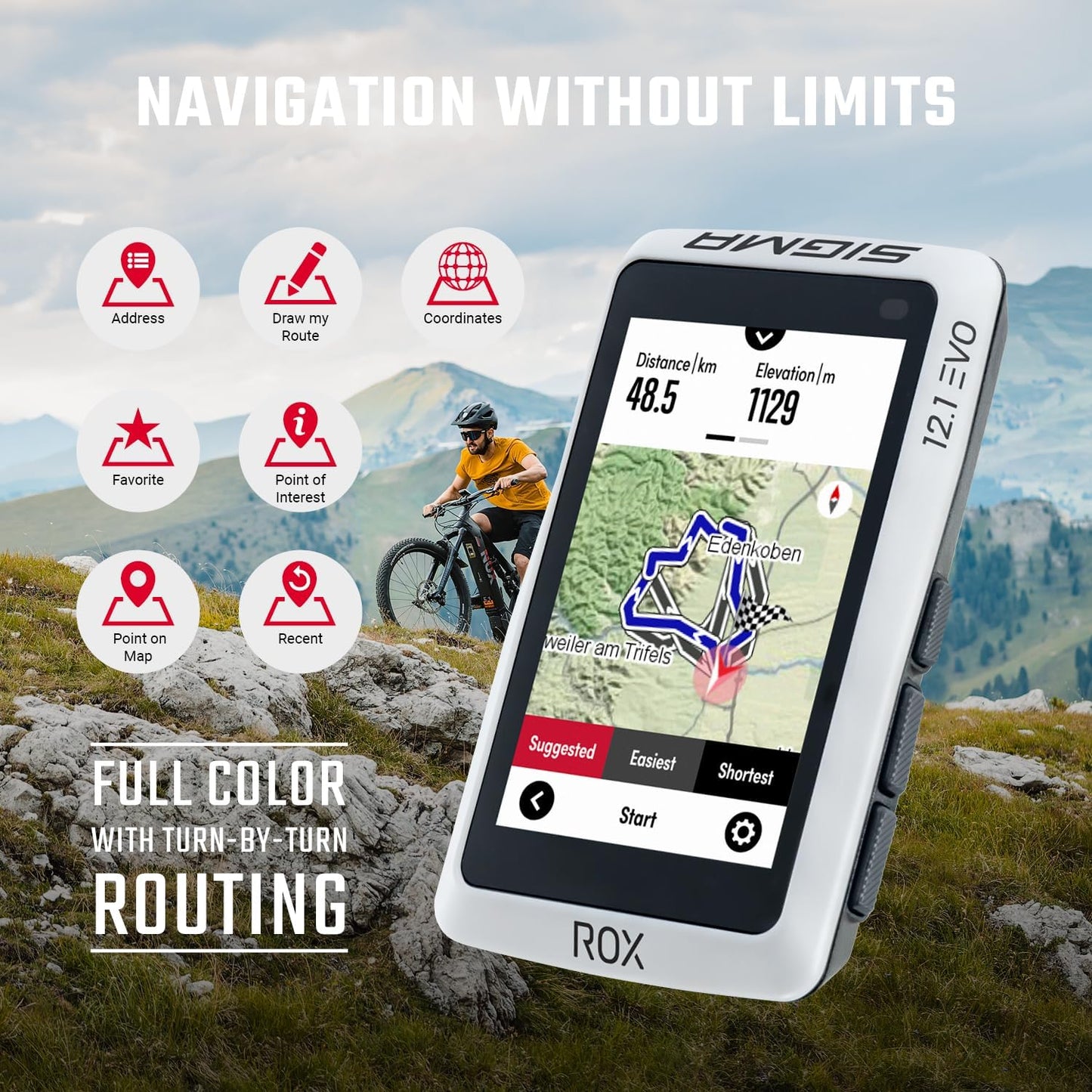 ROX 12.1 Evo Fahrradcomputer GPS mit 150 Funktionen & Navi, Weiss, Basic Set