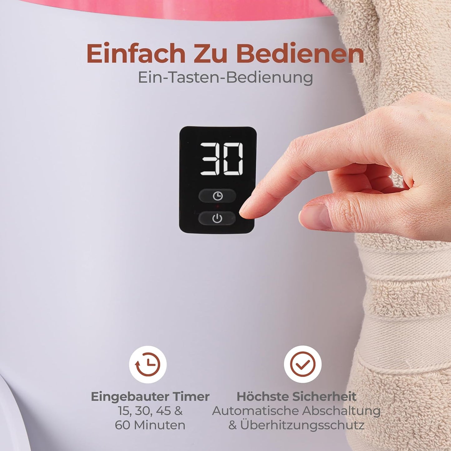Elektrischer Handtuchwärmer mit Timer & Schutzfunktionen, Rosa