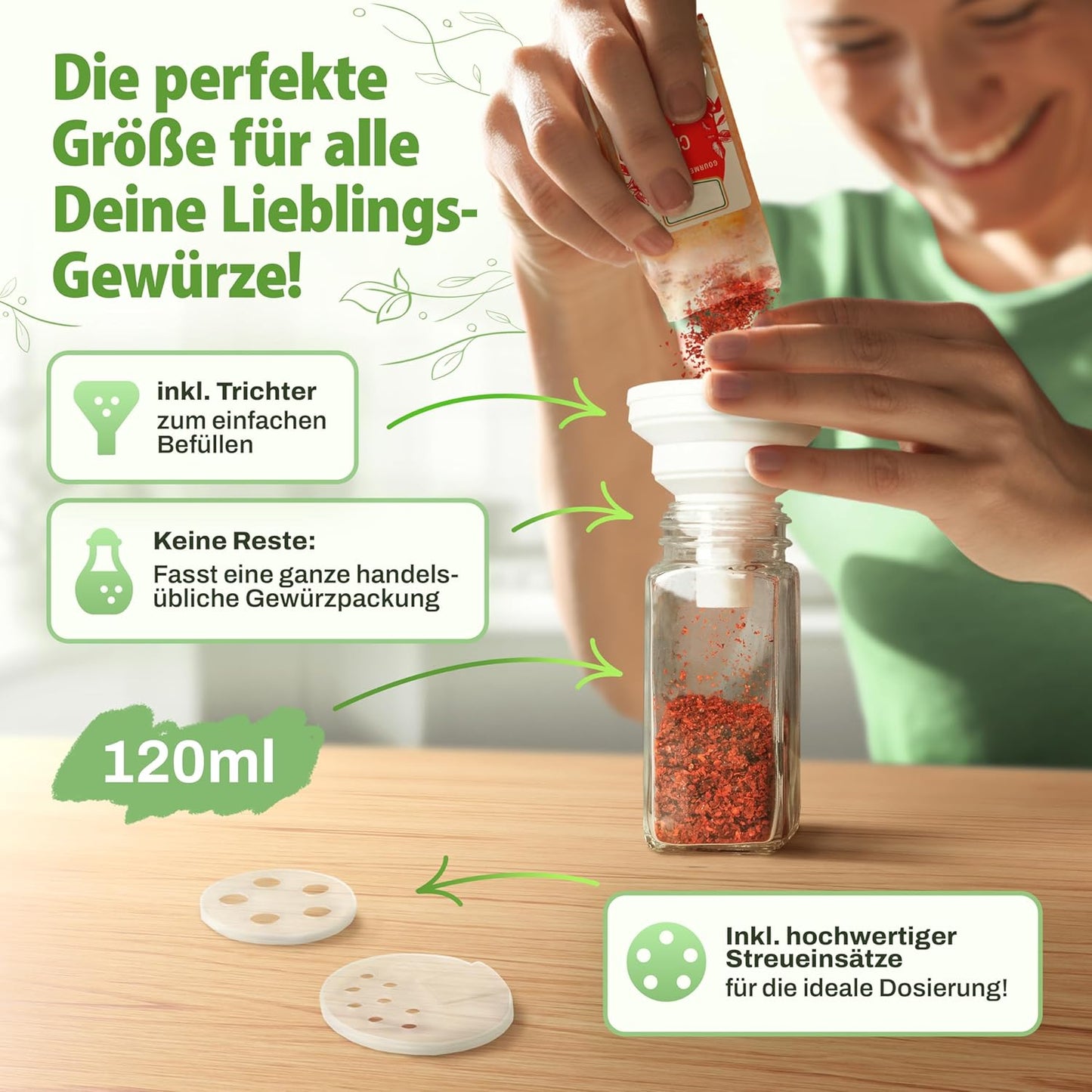 24-teiliges Gewürzgläser Set Eckig mit Gewürzetiketten, Streueinsätze, 24er Set - Bambus