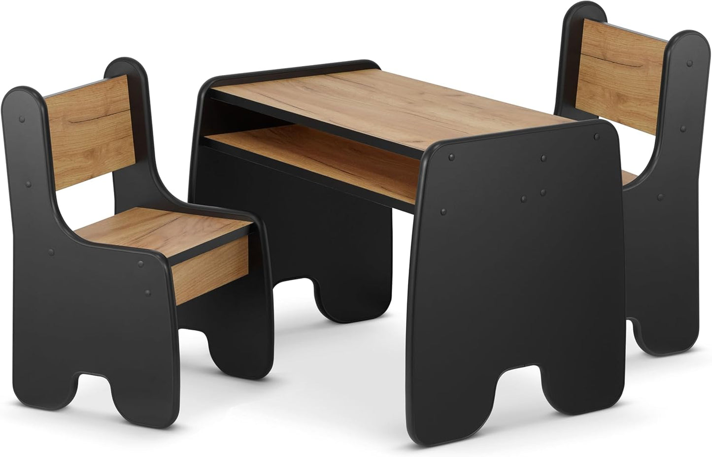 Kindertisch-Set mit 2 Stühlen für Kinderzimmer, 2 Stühle und Tisch Schwarz + Eiche